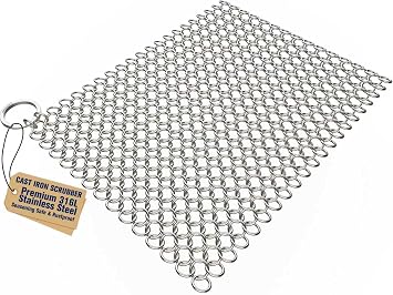 AMAGABELI GARDEN & HOME 8 x 8 316 Stainless Steel Cast Iron Cleaner Chainmail Scrubber for Cast Iron Pan Skillet Cleaner for Dishes Glass Pre-Seasoned Cast Iron Pot Seasoning Protection BG262