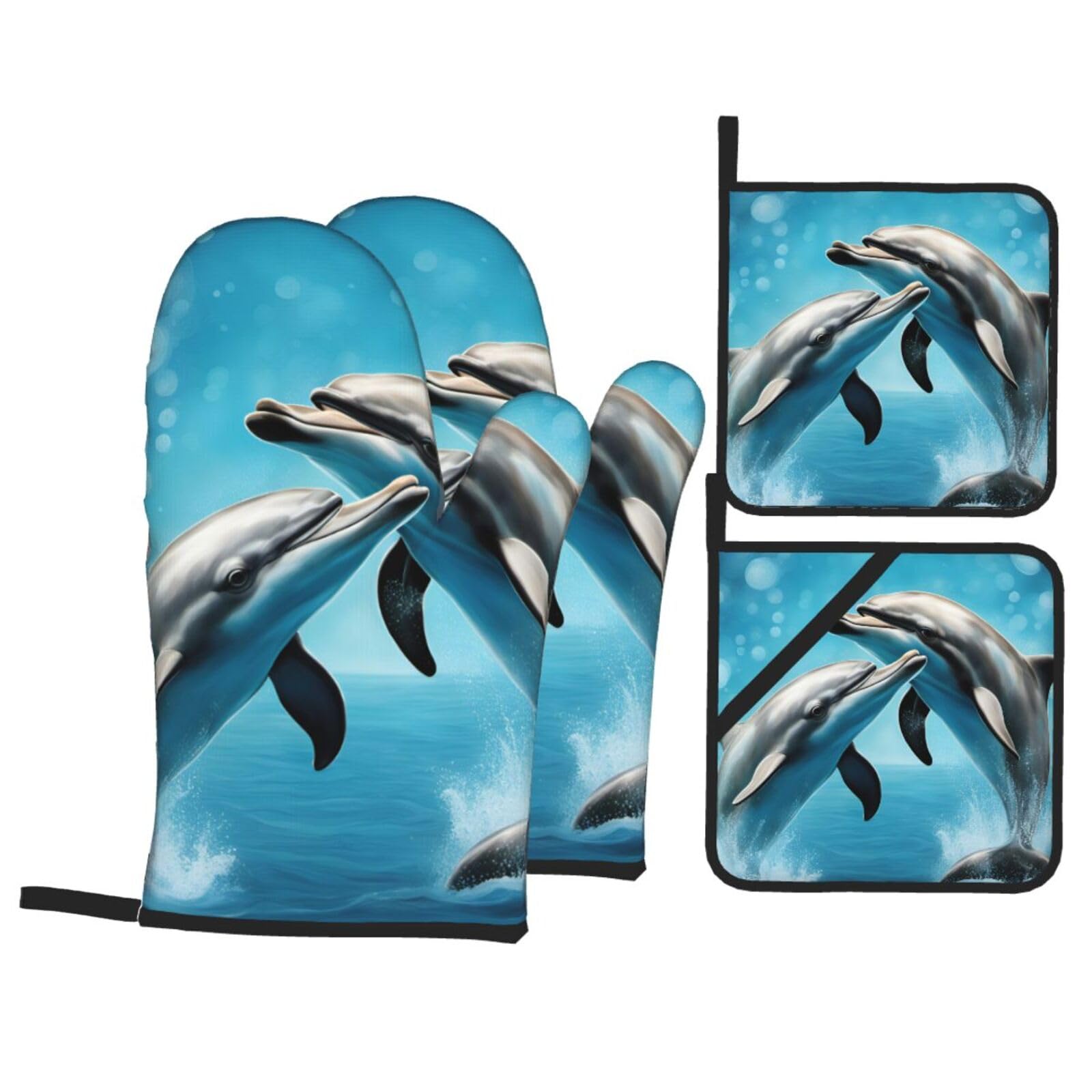 Dolphins in Love Print 4-Piece Oven Microwaving Set Waterproof Kitchen Gloves for Baking Grilling Cooking