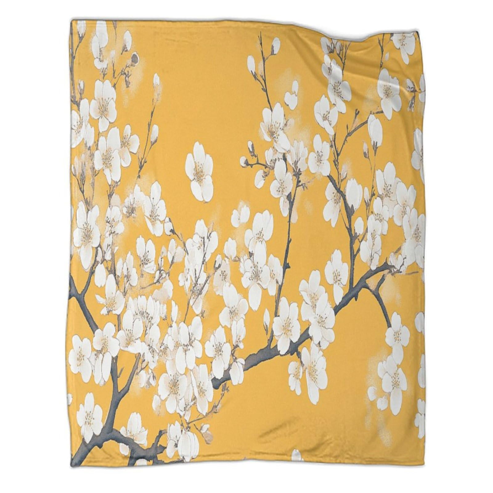 kaiyun Mustard Yellow White Apricot Blossom Patterned Throw Warm for Camping Outdoor Lightweight for Sofa Bed 60x80inch(150x200cm)