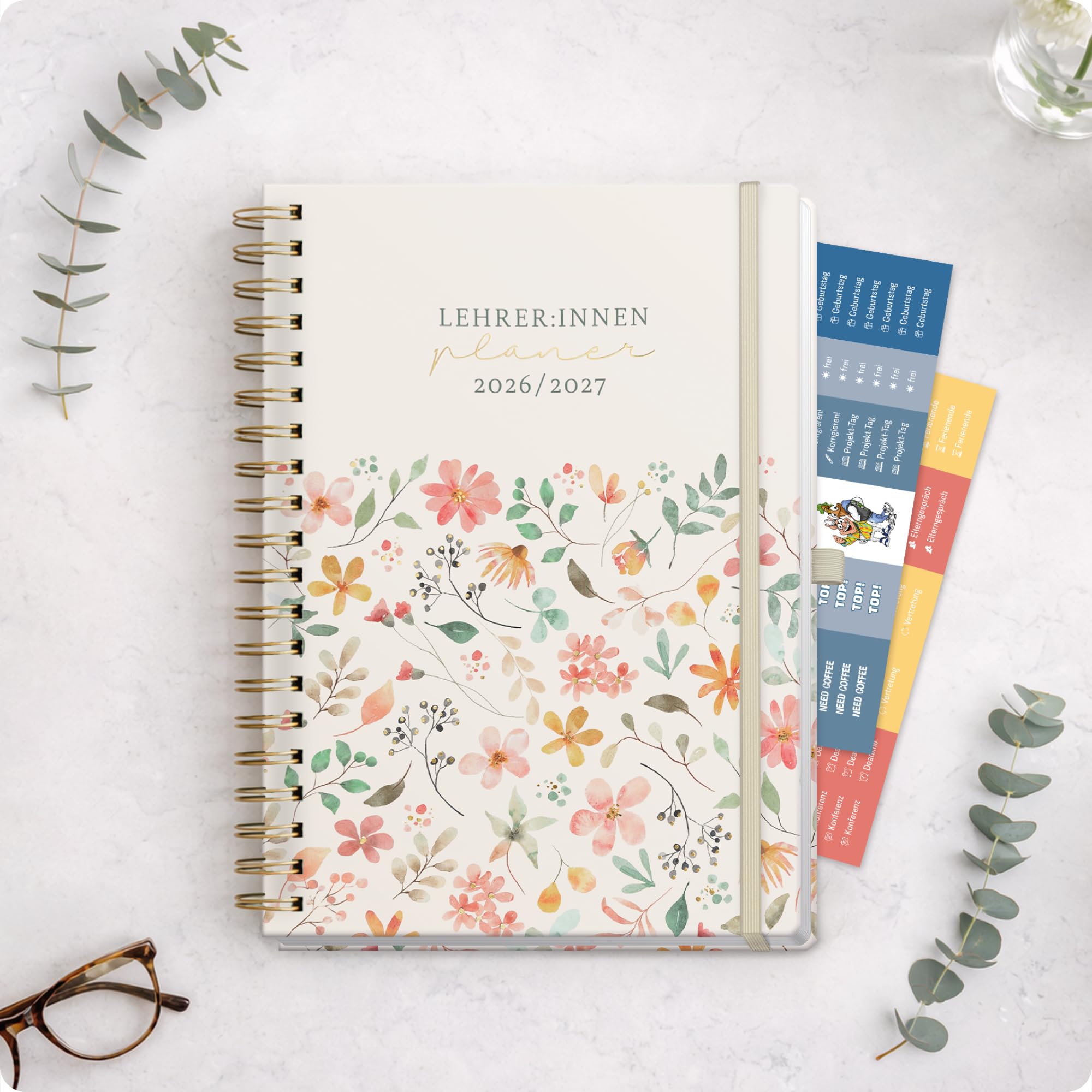 Häfft® Lehrerplaner 2026/2027 A4+ Deluxe – Großer Lehrerkalender & Schulplaner 26/27 mit Hardcover & Spiralbindung "Wild Blossoms" – Für Grundschule, weiterführende Schulen & Referendariat