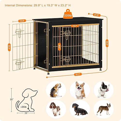 Vista 291 de DWANTON Mueble de jaula para perros con cojín, caja de madera para perros con puertas dobles, muebles para perros, perrera de interior, mesa Negro