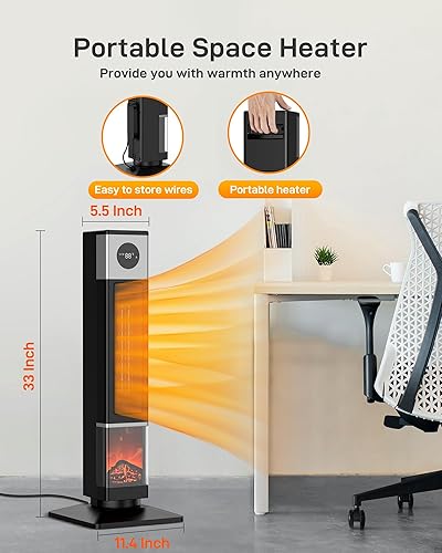 Miniatura 6 de Calentador de espacio de 33 pulgadas para habitaciones grandes, calentador de torre para uso en interiores, calentador de cerámica PTC de 1500 W con