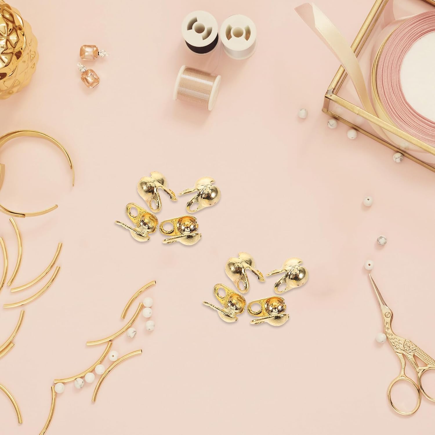 MAGICLULU 150pcs Gold-Plated Copper Calottes Crimp End Caps with Double Holes 0.7mm for DIY Necklace and Bracelet Jewelry Making Accessories