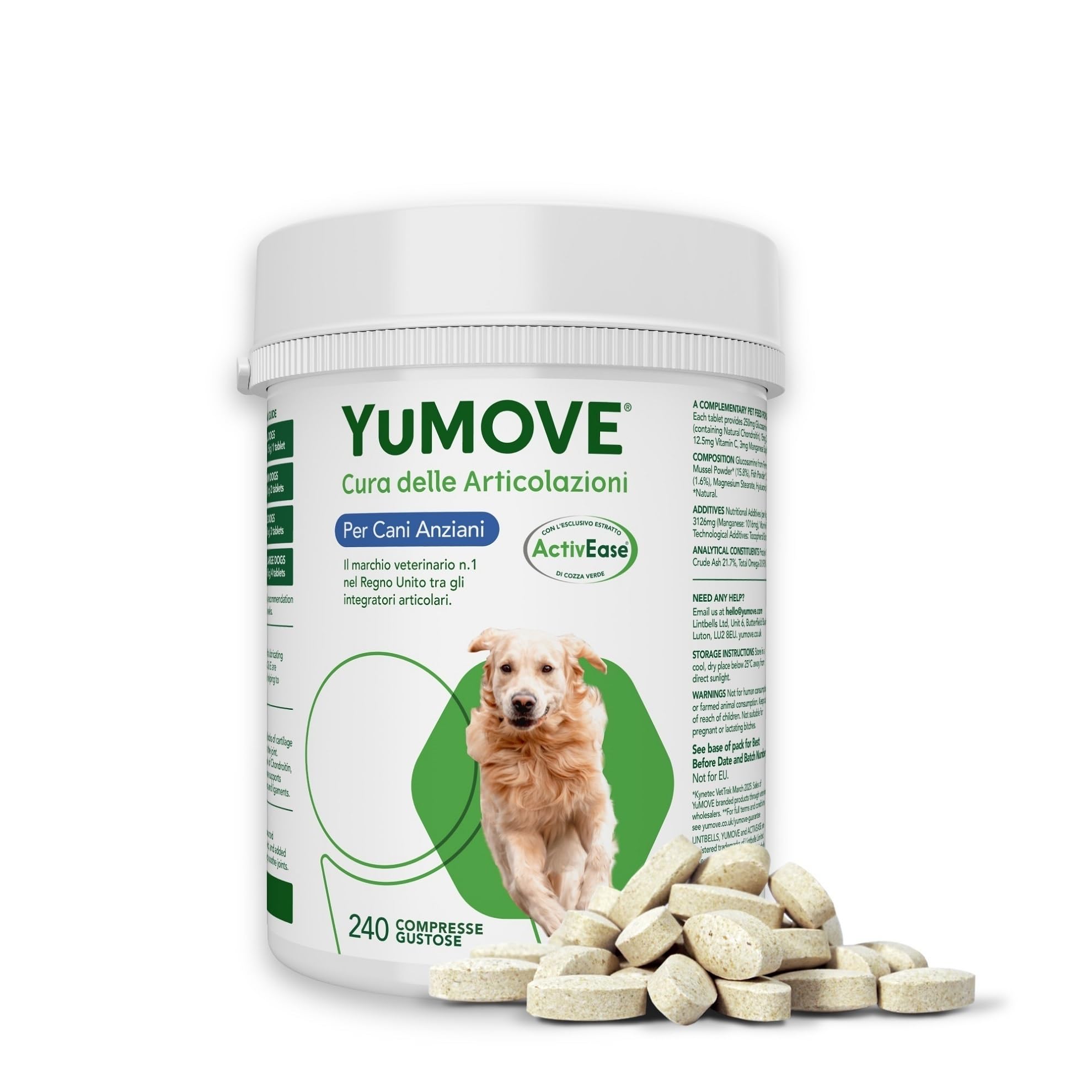 Yumove Integratore Articolazioni Cane Senior 8+ – 240 Compresse ActivEase | Brevetto in Corso, Cozza Verde 170 mg, Ogni Razza, Omega-3, Supporto Scientifico, Consigliato dai Veterinari, Olio Di Pesce