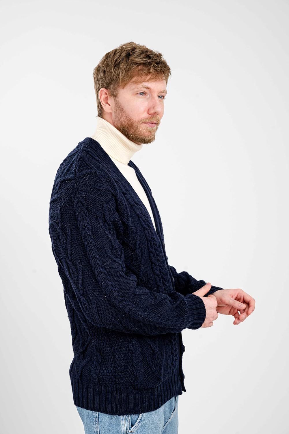 SAOL 100% Merino Wool Men's Aran Cable Knit V Neck Casual Irish Cardigan with Buttons and Pockets