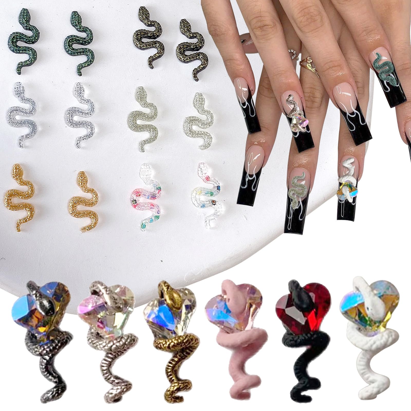 KWOLYKIM 60PCS Snake Nail Charms with Diamond, Y2K Nail Rhinestones 3D Gold Sliver Alloy Snake Around Crystal Nail Art Decoration Accessories Luxury Nail Gems Jewelry for Manicure Craft DIY