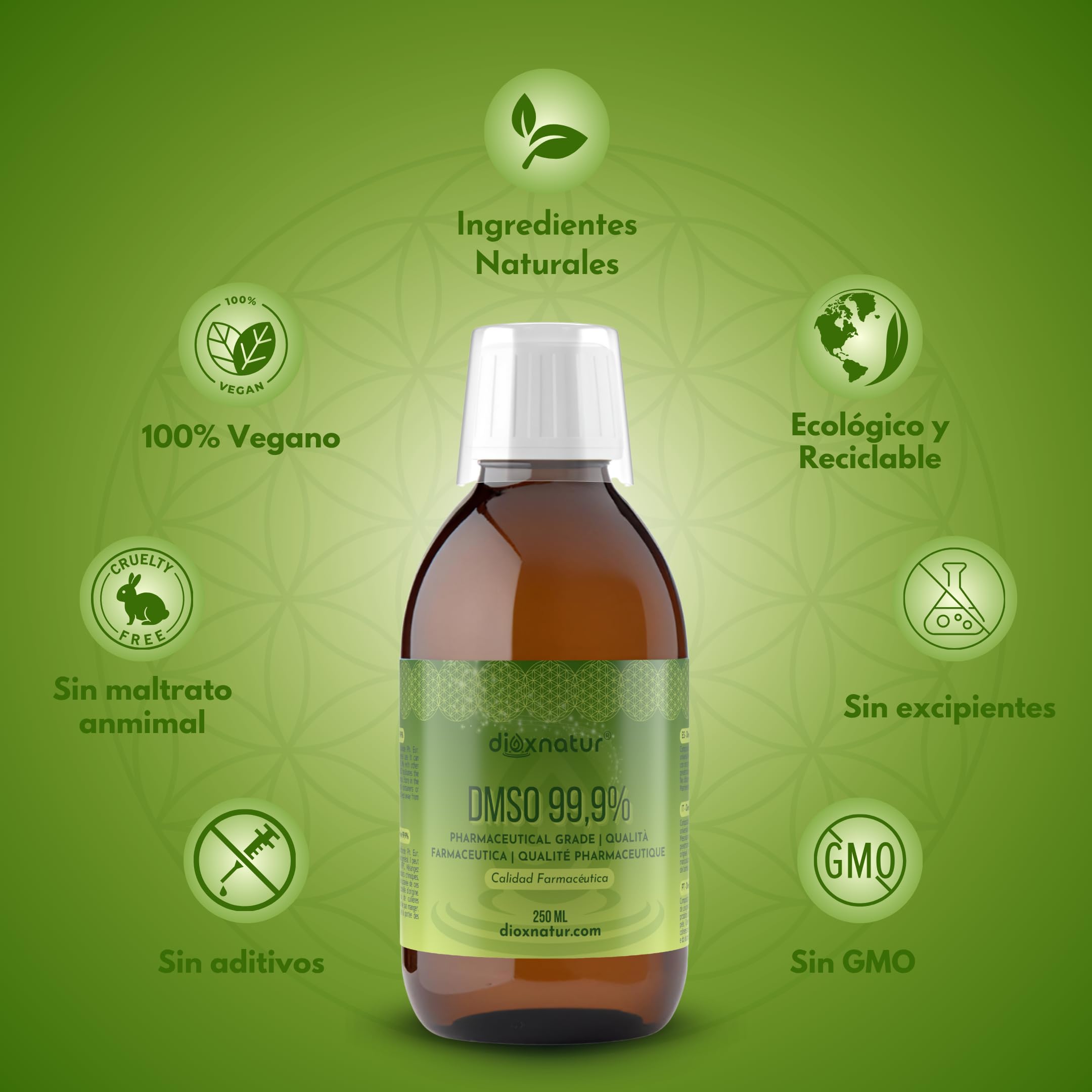 DMSO 99,9% 250ml Dimetilsulfóxido Grado Farmacéutico - Botella + Spray Vaporizador cristal ámbar