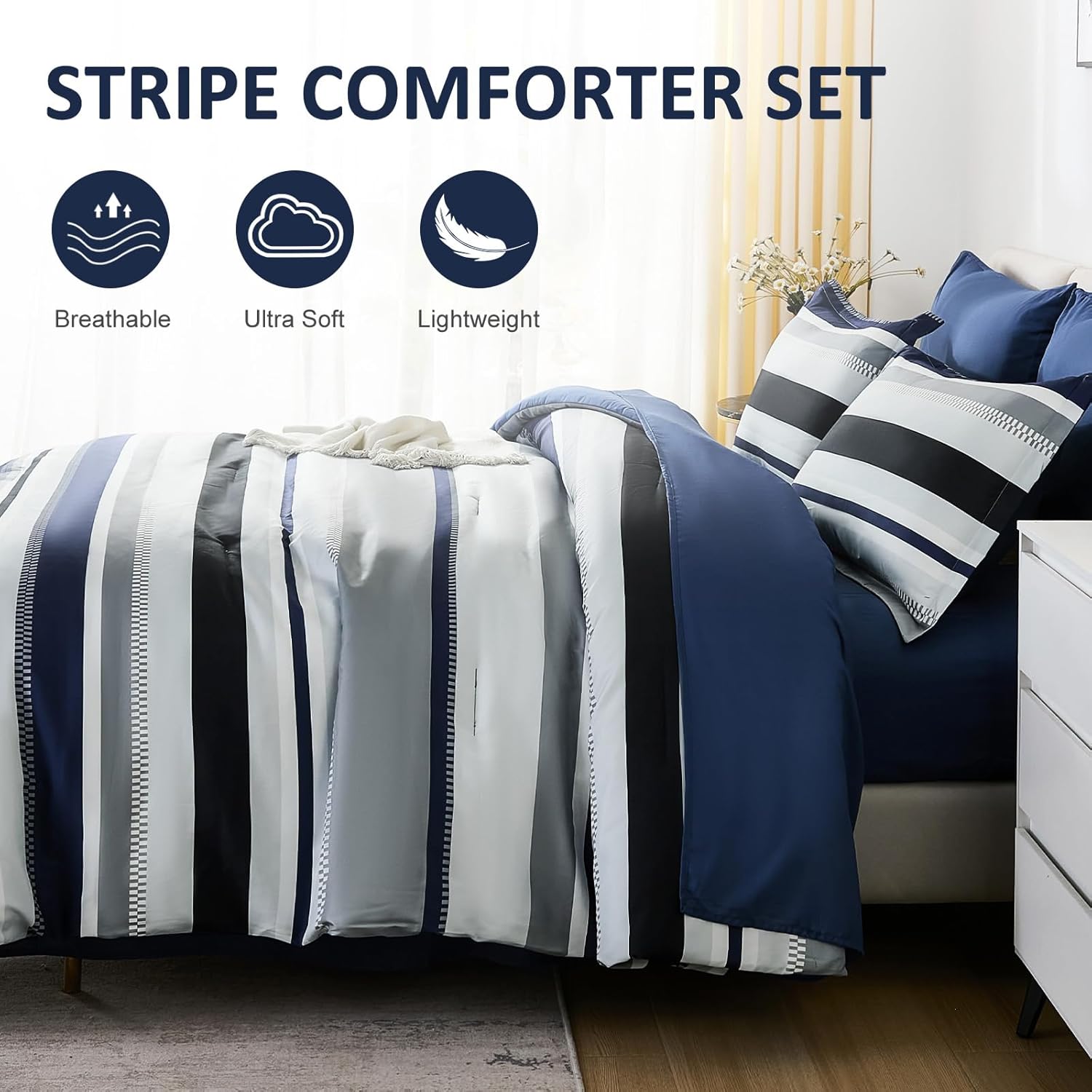 WONGS BEDDING Comforter Full Size, Navy Blue Bedding Comforter Set for Full Bed, Striped Bed in a Bag Full Size Comforter Sets for All Season 90"×78" - Image 4