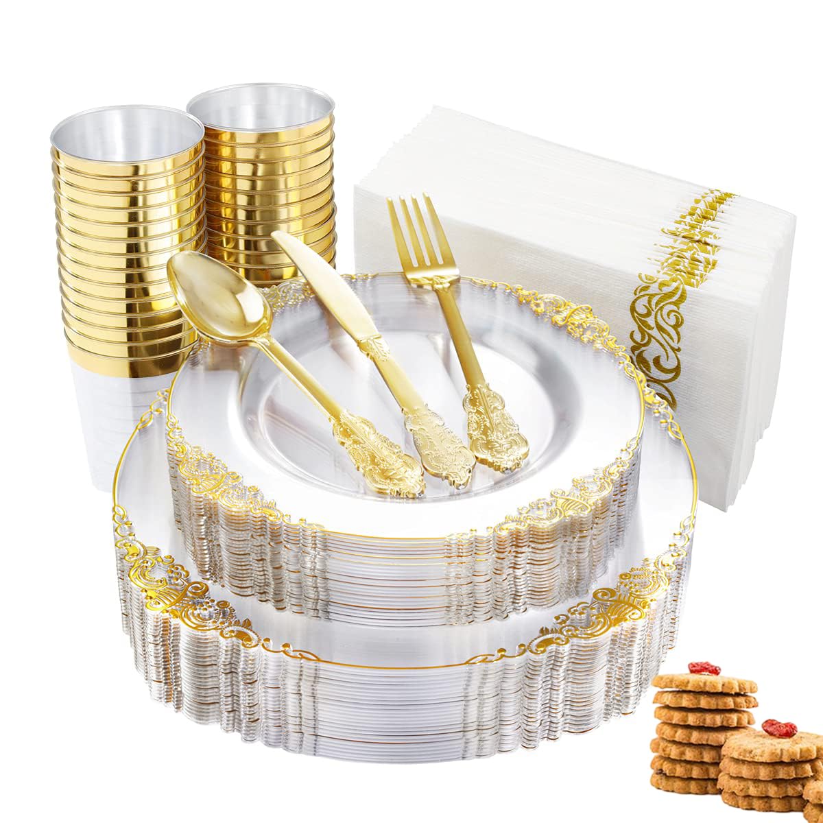 Sweet seven 175PCS Clear Gold Plastic Party Tableware Set - Disposable Plates, Cups, Cutlery, and Napkins for 25 Guests - Ideal for Weddings and parties