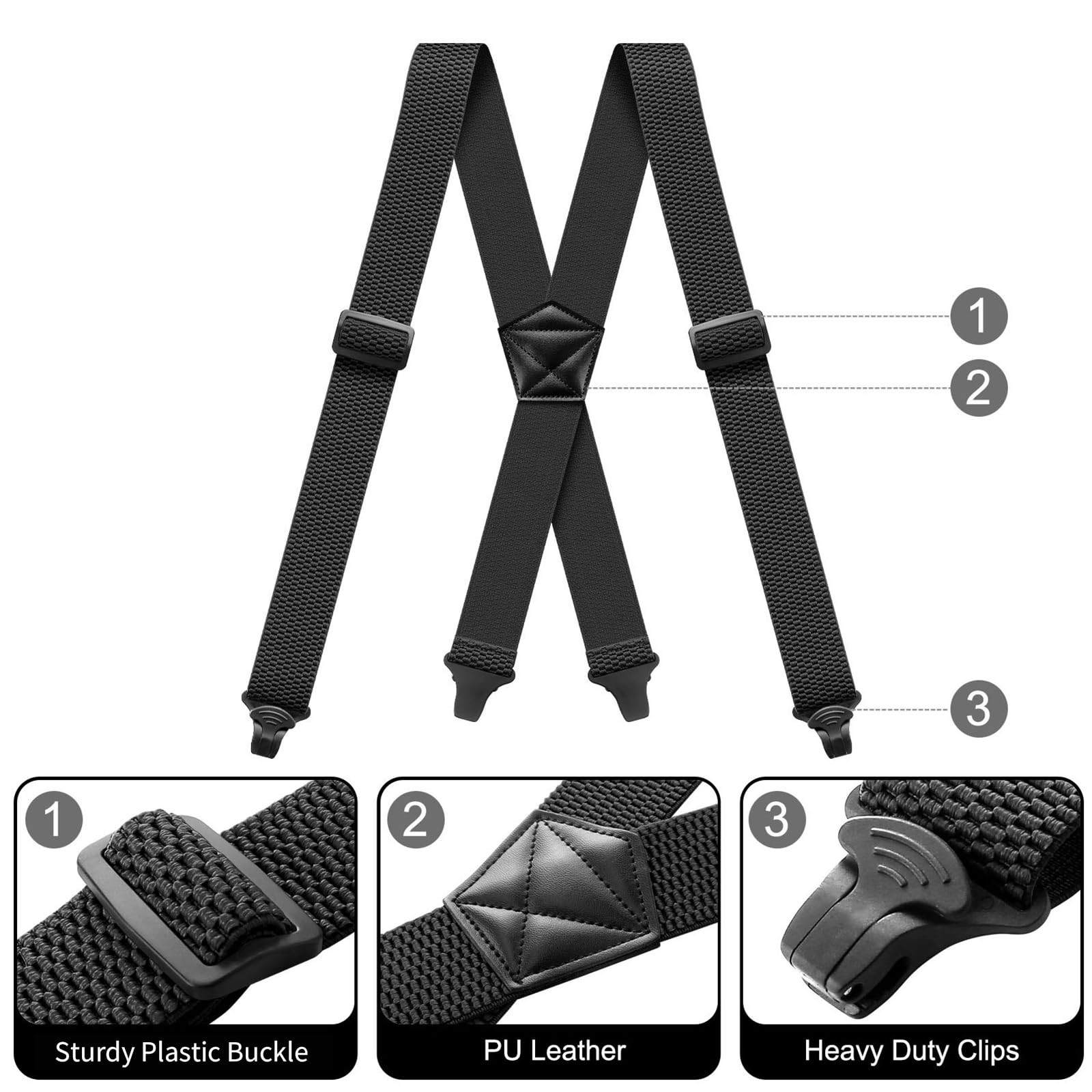 Suspenders for Men Heavy Duty 1,6 cala Wide Airport Friendly Hidden Suspenders with 4 Plastic Gripper Clasps Adjustable Elastic Braces for Casual Work X-Back czarne