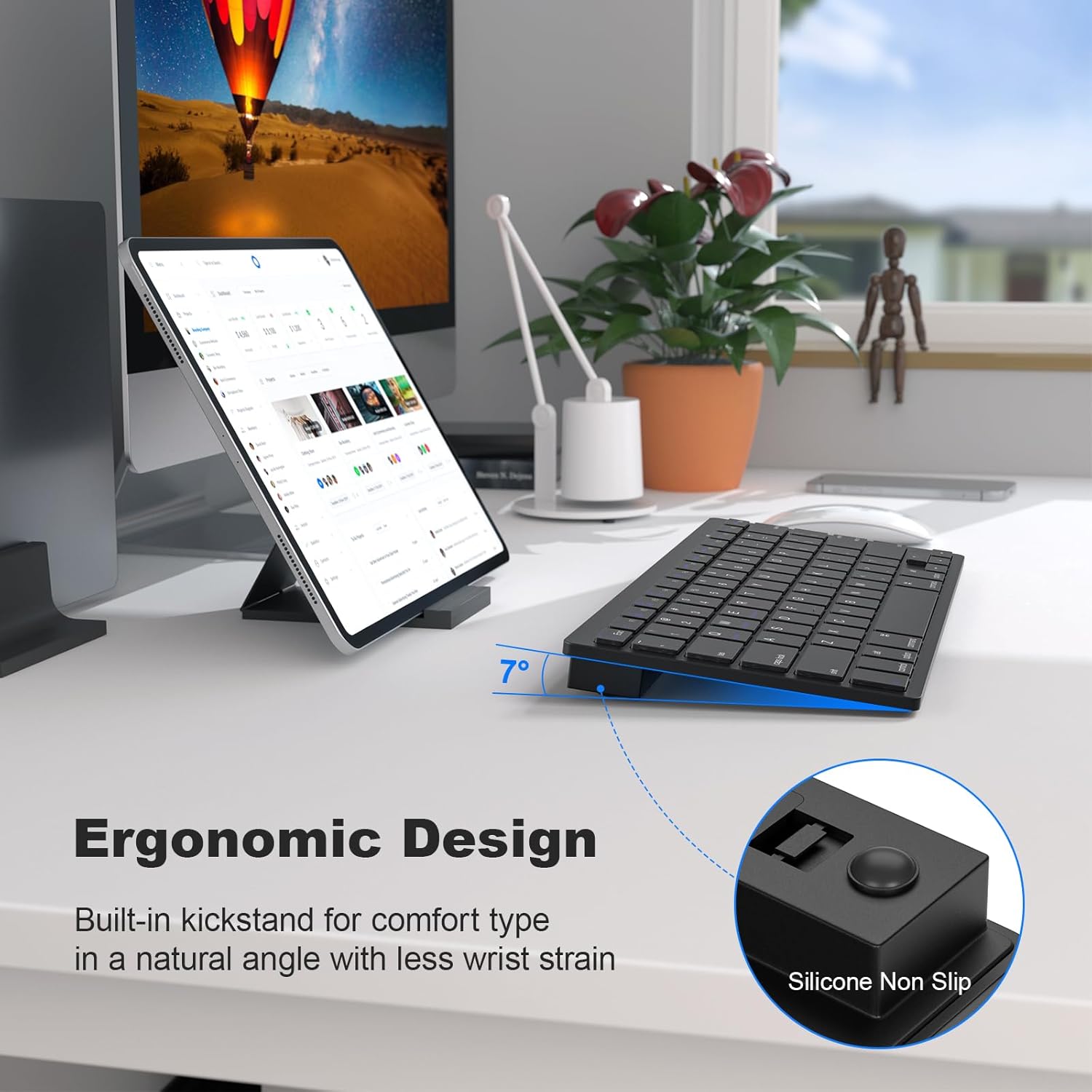 Image illustrating the ergonomic 7-degree tilt of the MOFII keyboard with a close-up of the silicone non-slip feet.