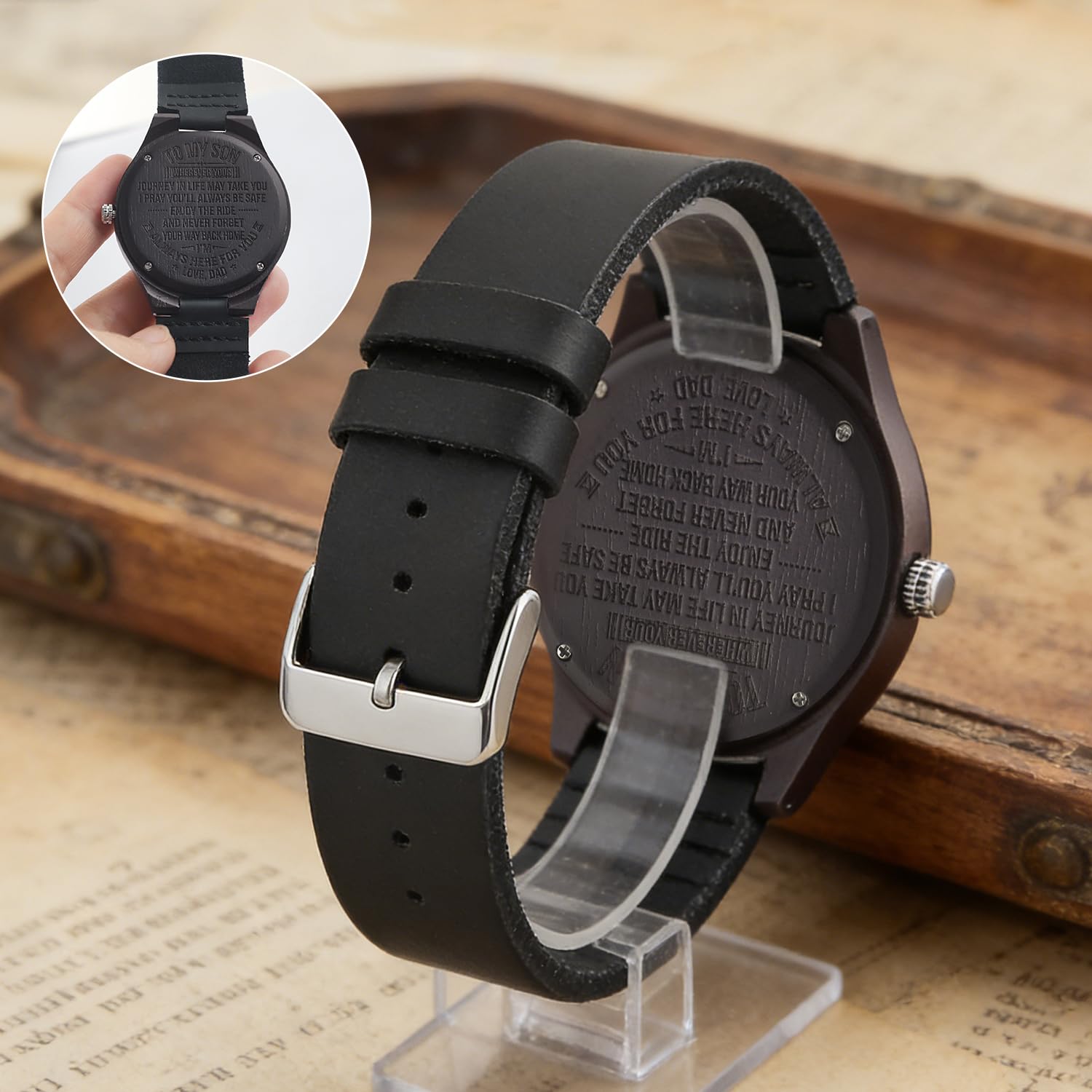 Tiong Orologio da uomo in legno naturale scuro e chiaro, con cinturino in vera pelle, ecologico, casual, al quarzo, con quadrante in legno minimalista, regalo unico per uomo