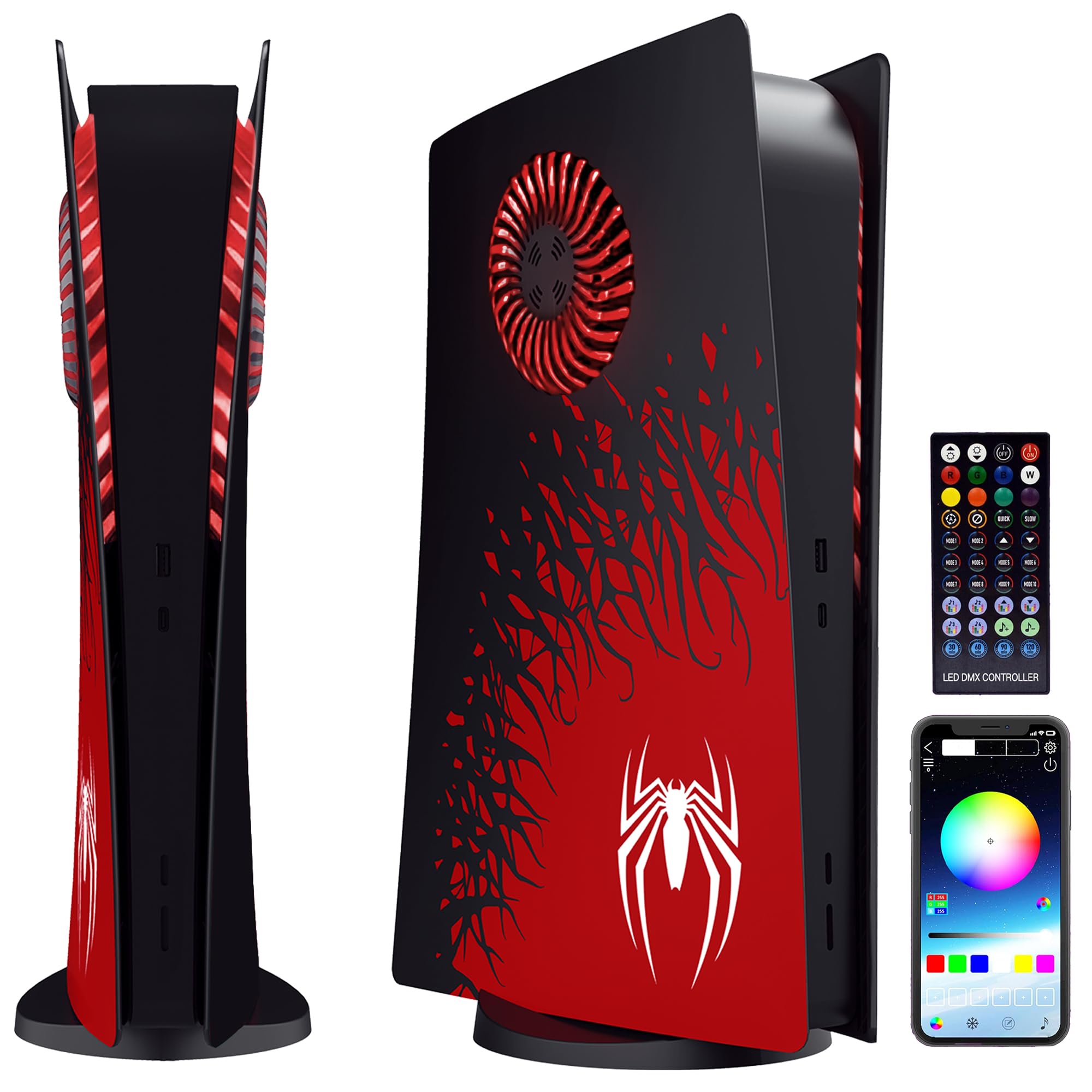 Faceplates for PS5 Digital Edition (Original Model) – Replacement Side Shell Panels, Anti-Scratch Dust-Proof Custom Design Cover Plates (Spider with LEDs Design)