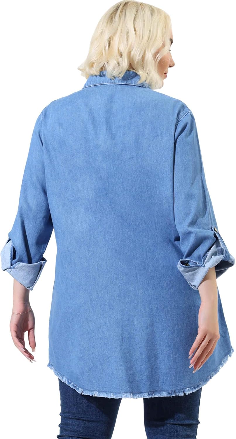 Agnes Orinda Plus Size Shirts for Women Chambray Top Button Down Denim Shirts Tops 2025 - Image 6