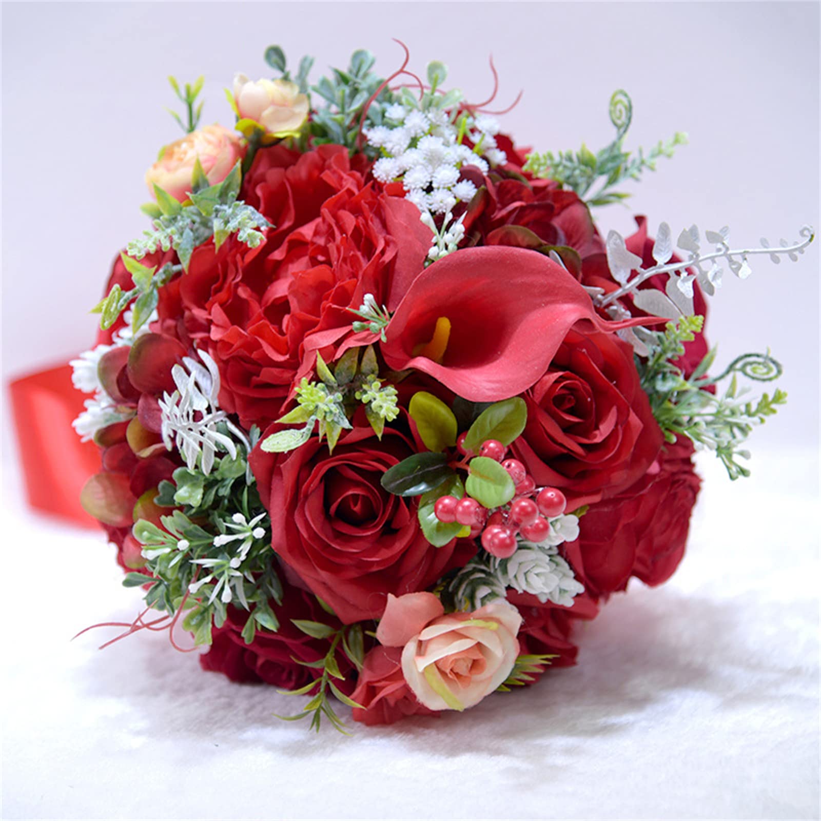 Ramo de Novia Artificial con Flores, Rosa Rosa rústica de 25 cm con Cintas (f)