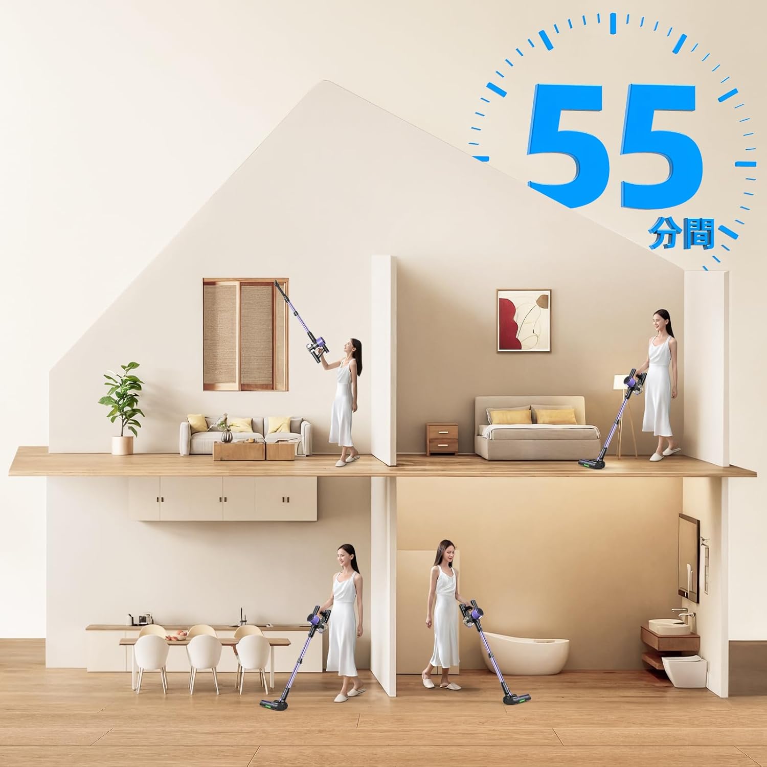 掃除機 コードレス【10月新登場！！70Kpa超強力吸引！自立式＆55分間連続稼働＆革新版グリーンLEDライト＆LED液晶ディスプレ