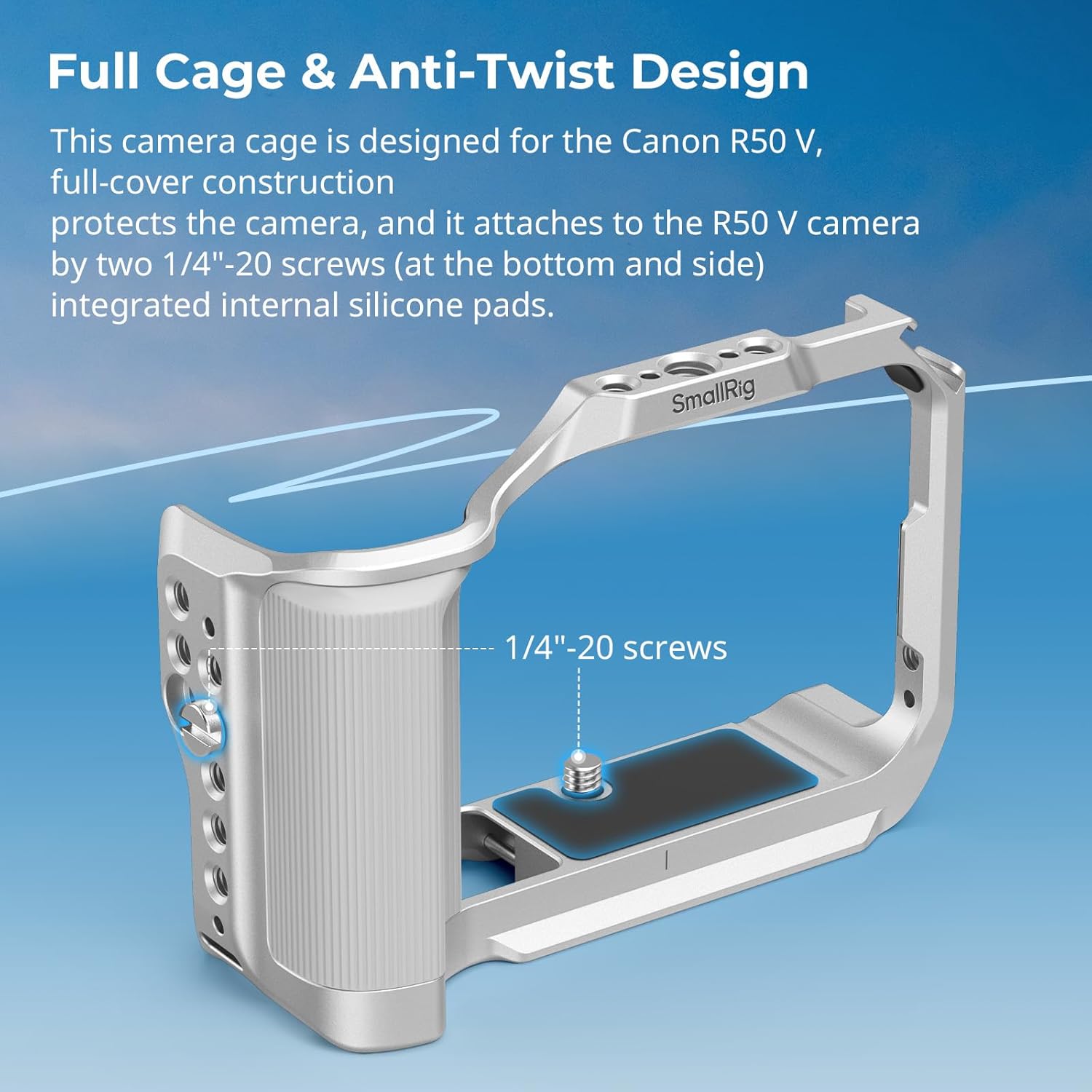 SmallRig R50 V Camera Cage for Canon R50V, Built-in Ergonomic Silicone Grip, QR Plate for Arca, 1/4"-20 Threaded Hole, 3/8"-16 Holes for ARRI, Cold Shoe, QD Sockets, Vertical Shooting(Silver)-5428