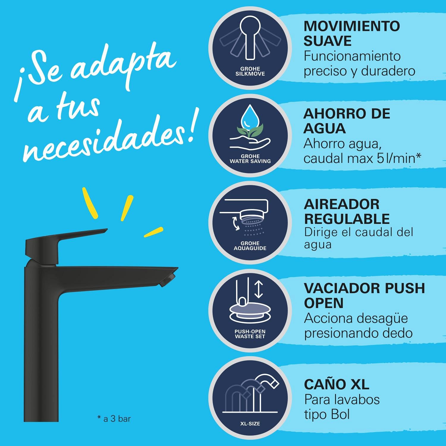 GROHE Start Grifo de Lavabo Alto para Lavabos Exentos con Válvula Click-Clack (Talla XL, Cartucho Cerámico 28mm, Ahorro Agua/Energía, Conexión 3/8", Montaje QuickTool), Negro Mate, 241652433