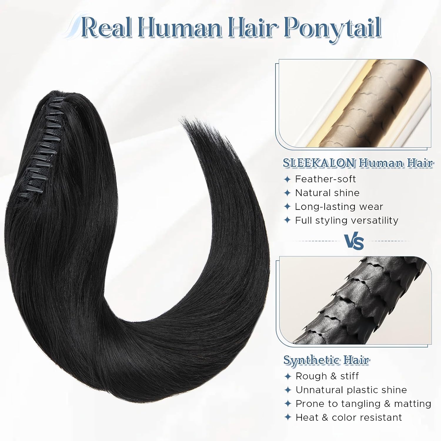 Human Hair Claw Clip in Ponytail Extension Long Straight Pony Tail Hair Extension Hairpiece for Women#01 Jet Black Remy Hair Ponytail Extensions with Jaw Claw,16 Inch