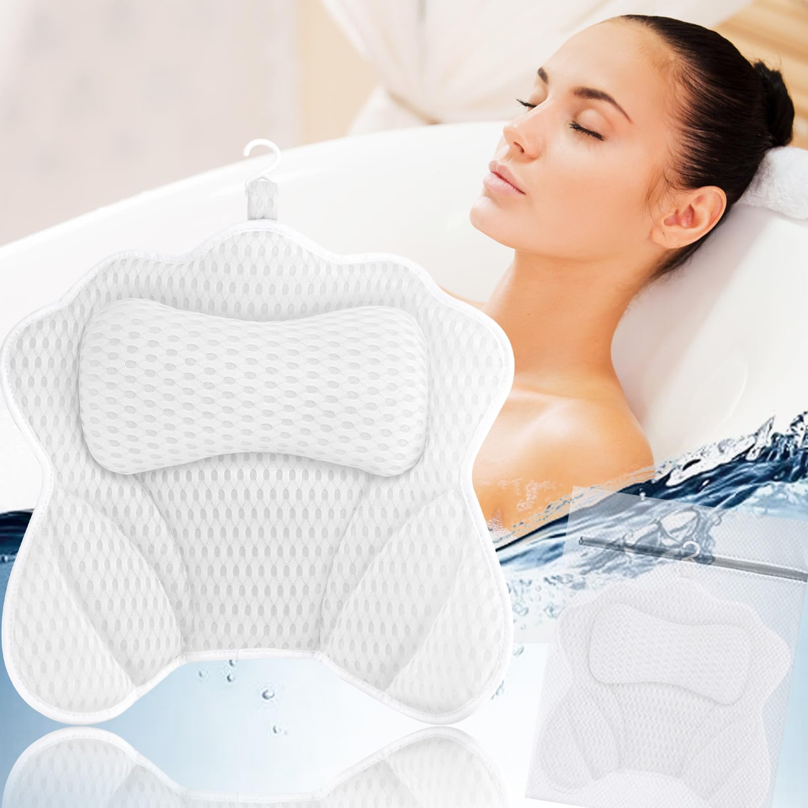 Almohada de Baño Malla 4D Cojín de Bañera con 6 Ventosas Antideslizantes Ergonómica para SPA en Casa