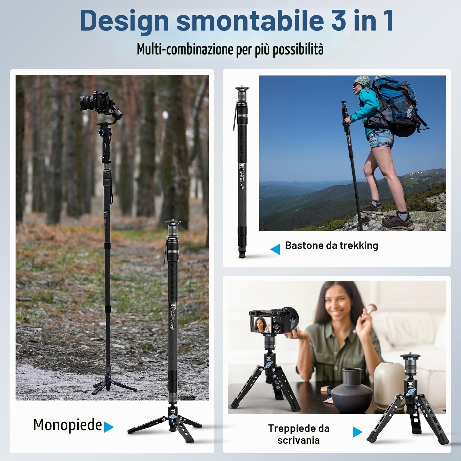SIRUI SVM-165 - Monopiede per fotocamera con piedi per fotografia, 165 cm, in fibra di carbonio, monopiede con treppiede rimovibile, monopiede professionale per fotocamera DSLR, videocamera, carico