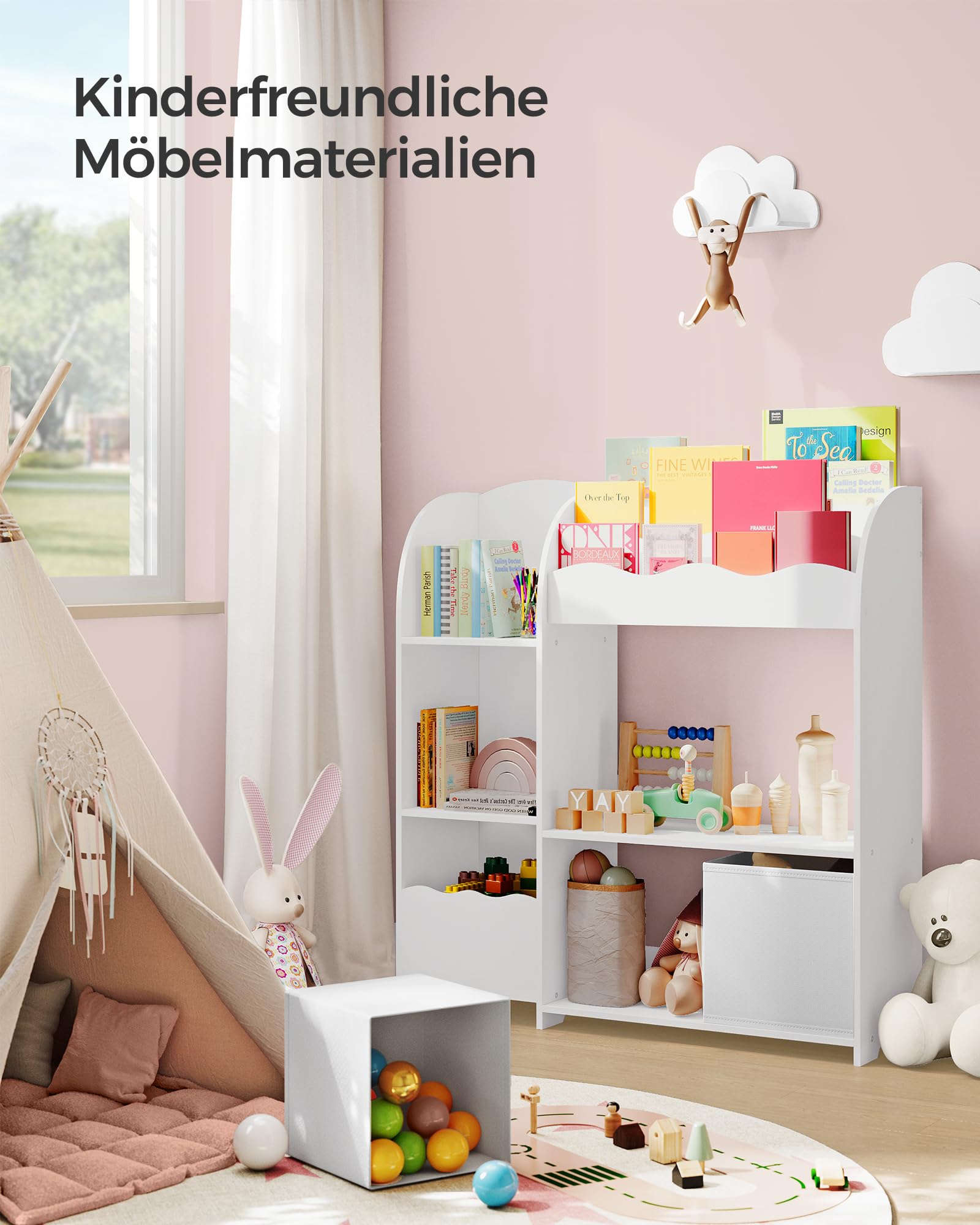 SONGMICS Bücherregal Kinder, Kinderregal, Spielzeugregal mit 2 Aufbewahrungsboxen, für Bücher, Kinderzimmer, Spielzimmer, Wohnzimmer, wolkenweiß GKR042W01