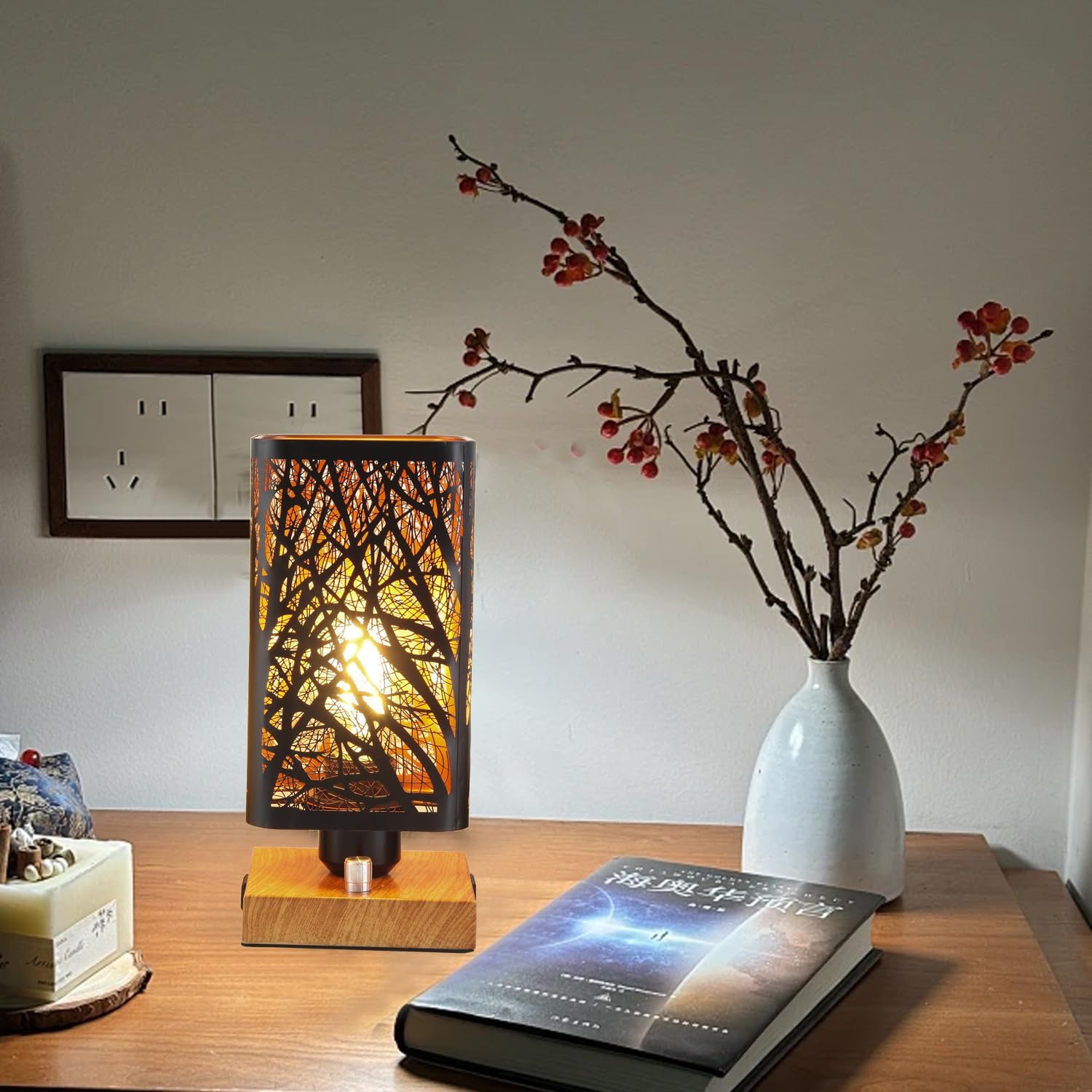 Industrial Table Lamp with USB Ports and Outlet, Rustic Dimmable Bedside lamp with Charging Station, Metal Square Shadow Nightstand Lamp, Night Light for Kids Bedroom Living Room End Tables