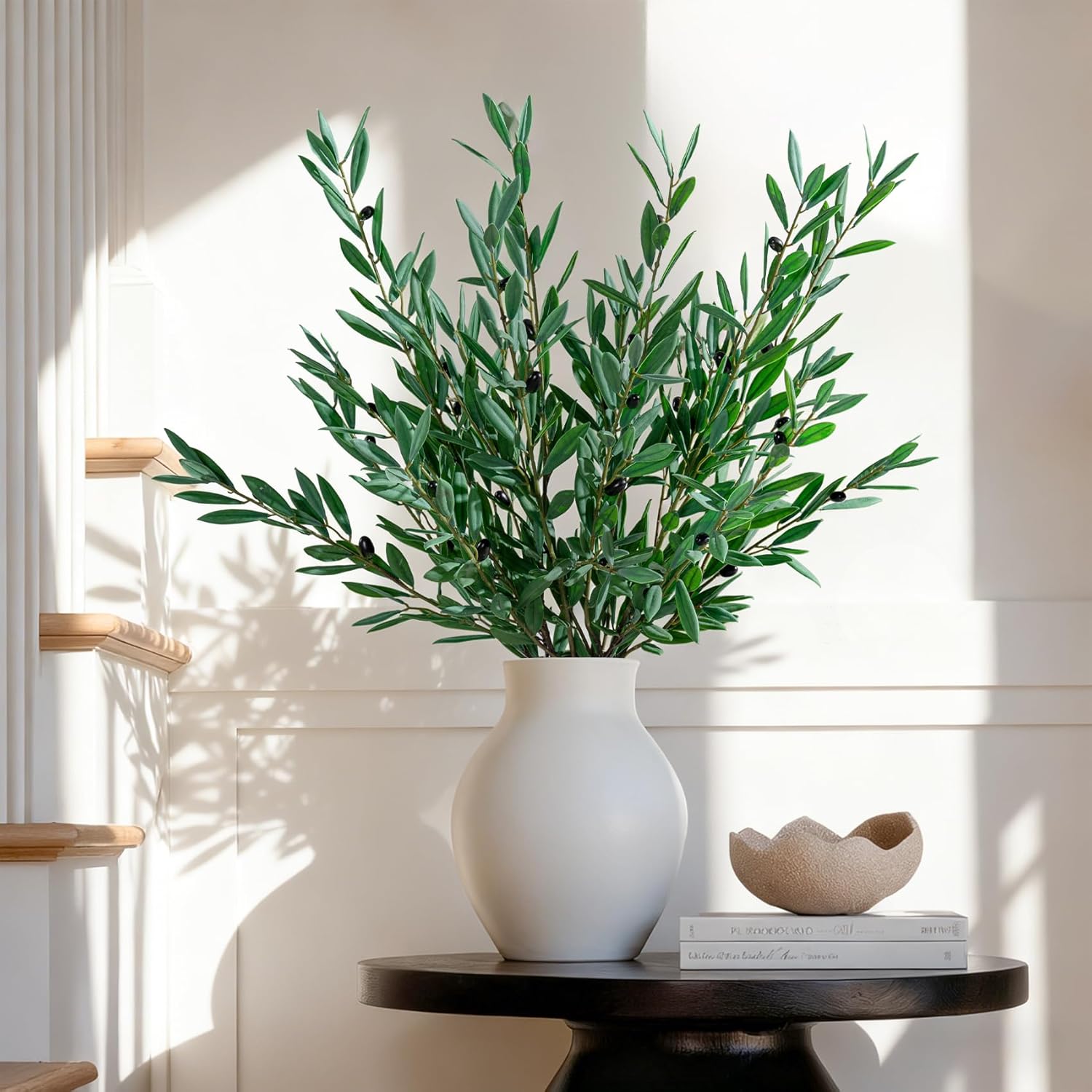 8PCS Premium Artificial Olive Branches for Vases - Realistic PU & Silk Faux Greenery Stems, 3 Sizes, Bendable Wire Stems, Low Maintenance Home/Office/Holiday Decor(No Vase