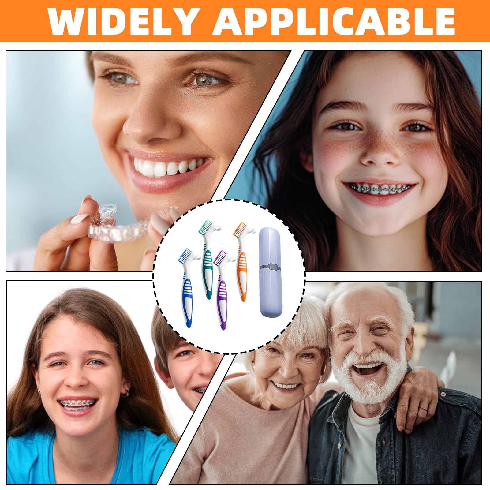 ikBrtaiay 4 Cepillos Protesis Ferula Dental para Dentaduras Postizas, Cepillo Ferula para Dentaduras (4 Colores) con 1 Estuche Portátil, Cepillo Ortodoncia Brackets para Cuidado de Dentaduras Postizas — view 5