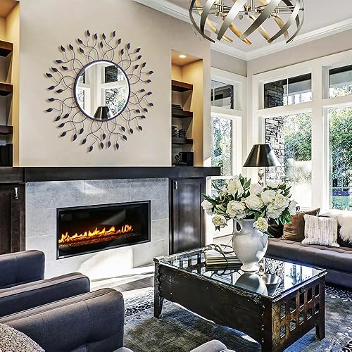 Miniatura 5 de Chende Espejo decorativo de pared de 32 pulgadas con hojas de metal, espejo negro para sala de estar con borde biselado, espejo glamoroso para