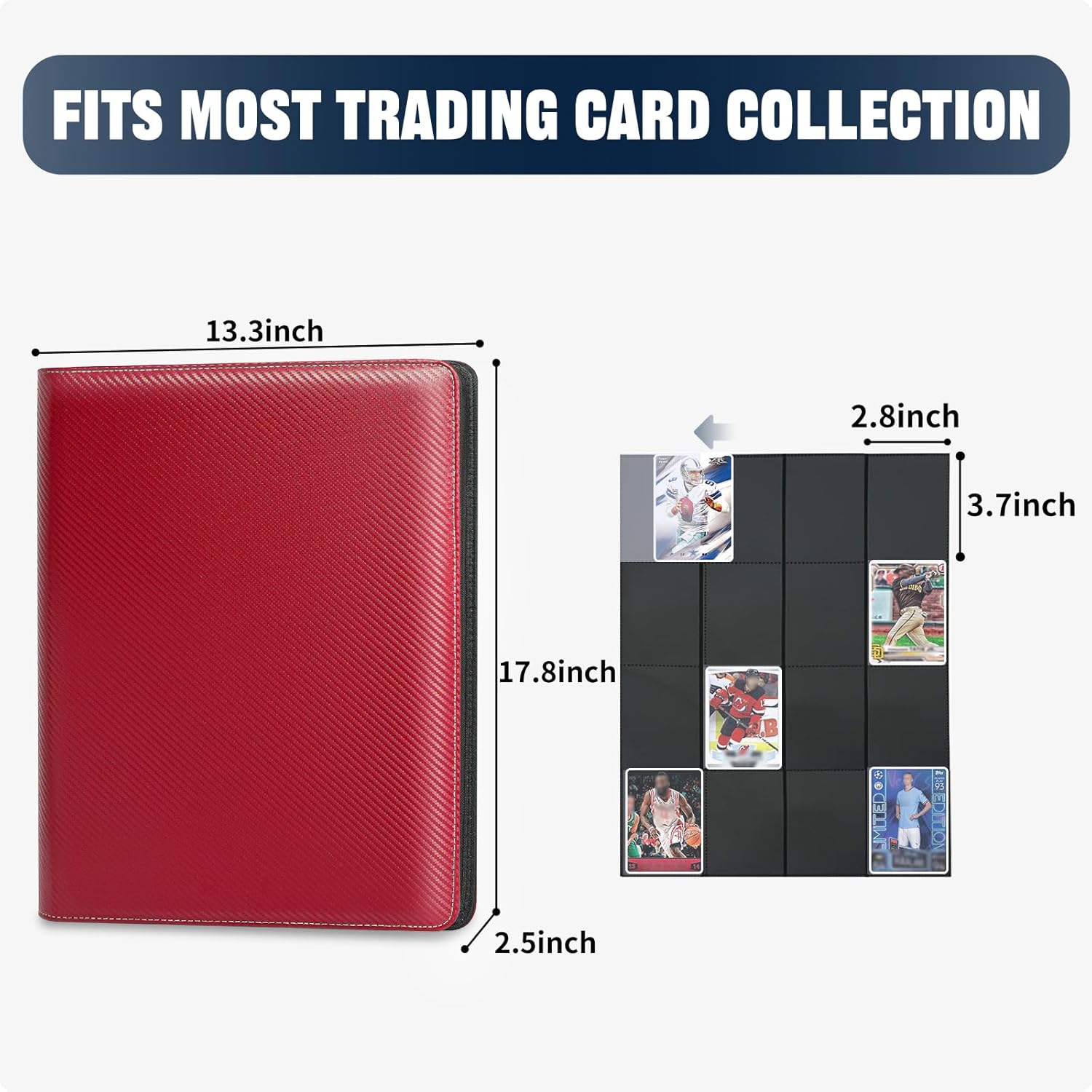 1000+ Pockets Trading Card Binder, 16 Pocket Ringless Card Binder Album Folder - Premium Side Loading Zip Binder for Yu-Gi-Oh, TCG, Sports, Game Trading Cards -Red