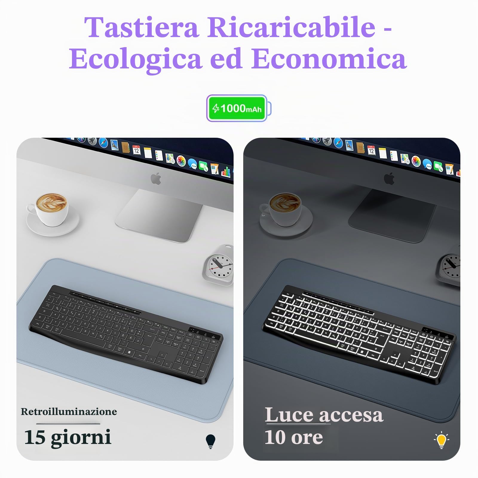 TECURS Tastiera senza fili per gaming PC, tastiera silenziosa, QWERTZ, bianca, illuminata, ergonomica, impermeabile, 2,4 GHz, tastiera a LED per Windows/Mac/PS4/Xbox con tasti multimediali, colore