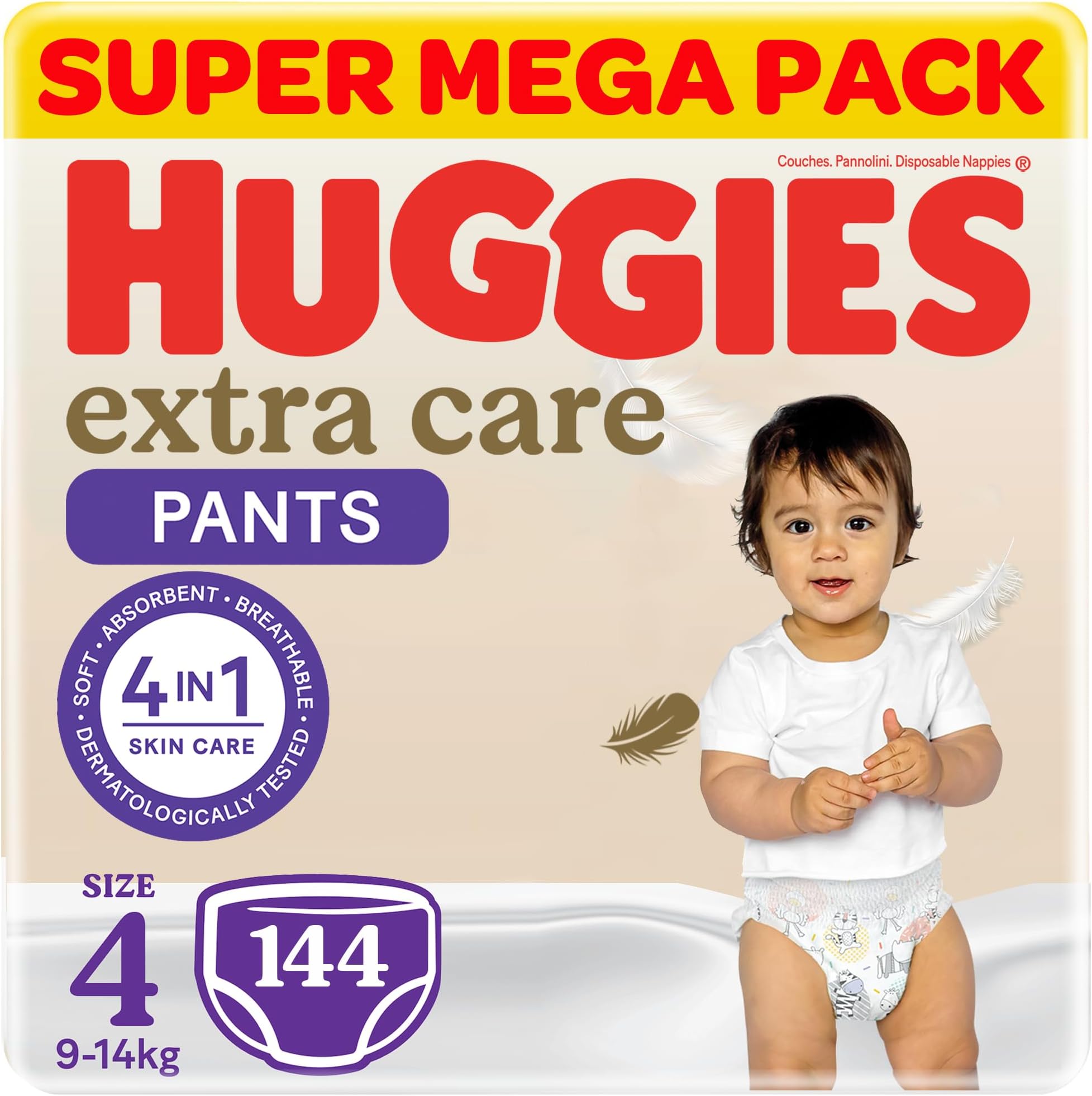 Huggies Extra Care Baby Culottes, Size 4 (9-14 kg), Super Mega Pack, 144 Diaper Pants