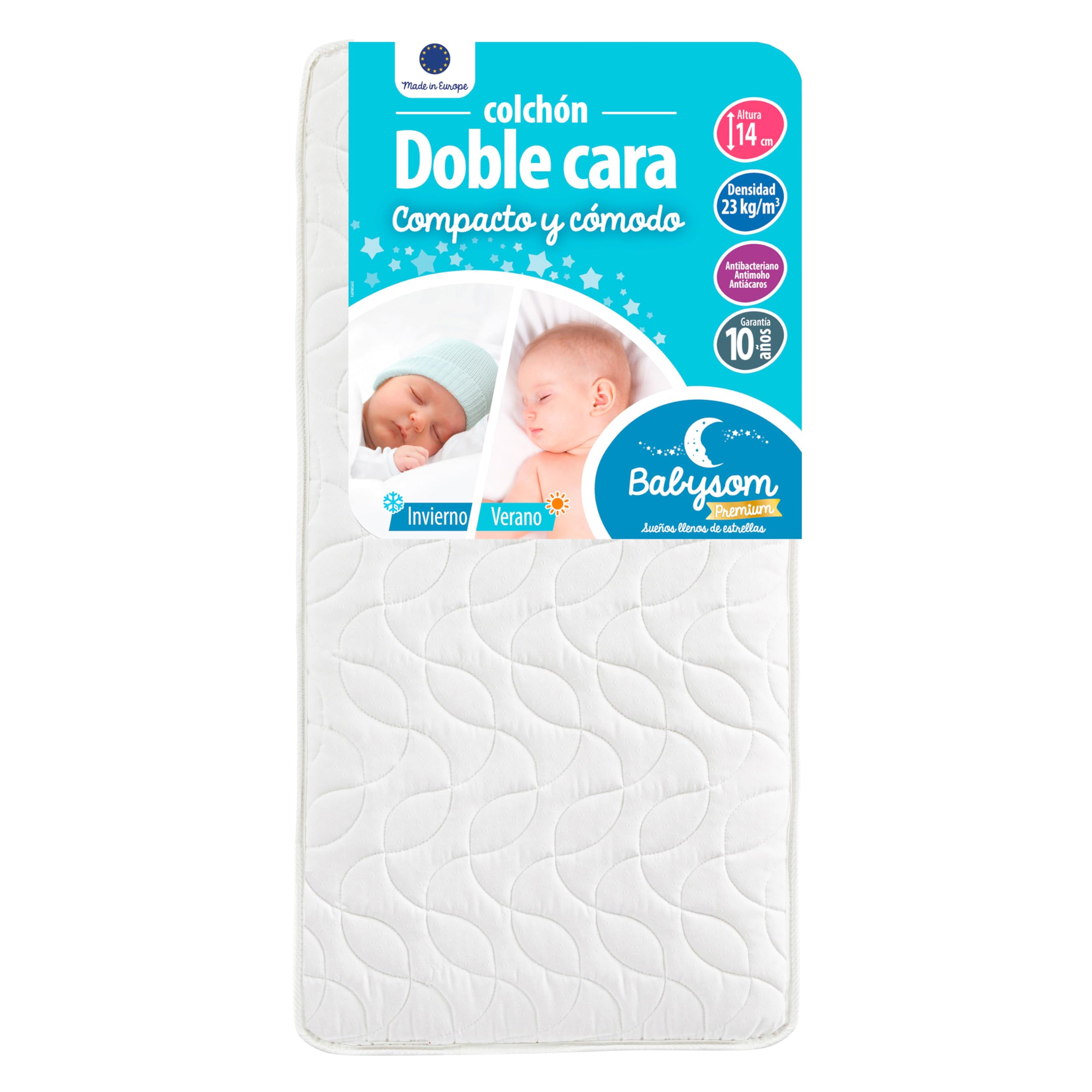 Babysom - Colchón Cuna Bebé Doble cara - 60x120 cm - Verano/Invierno - Altura 14 cm - Antiácaros - Antiasfixia - Transpirable - Reglaje Térmico