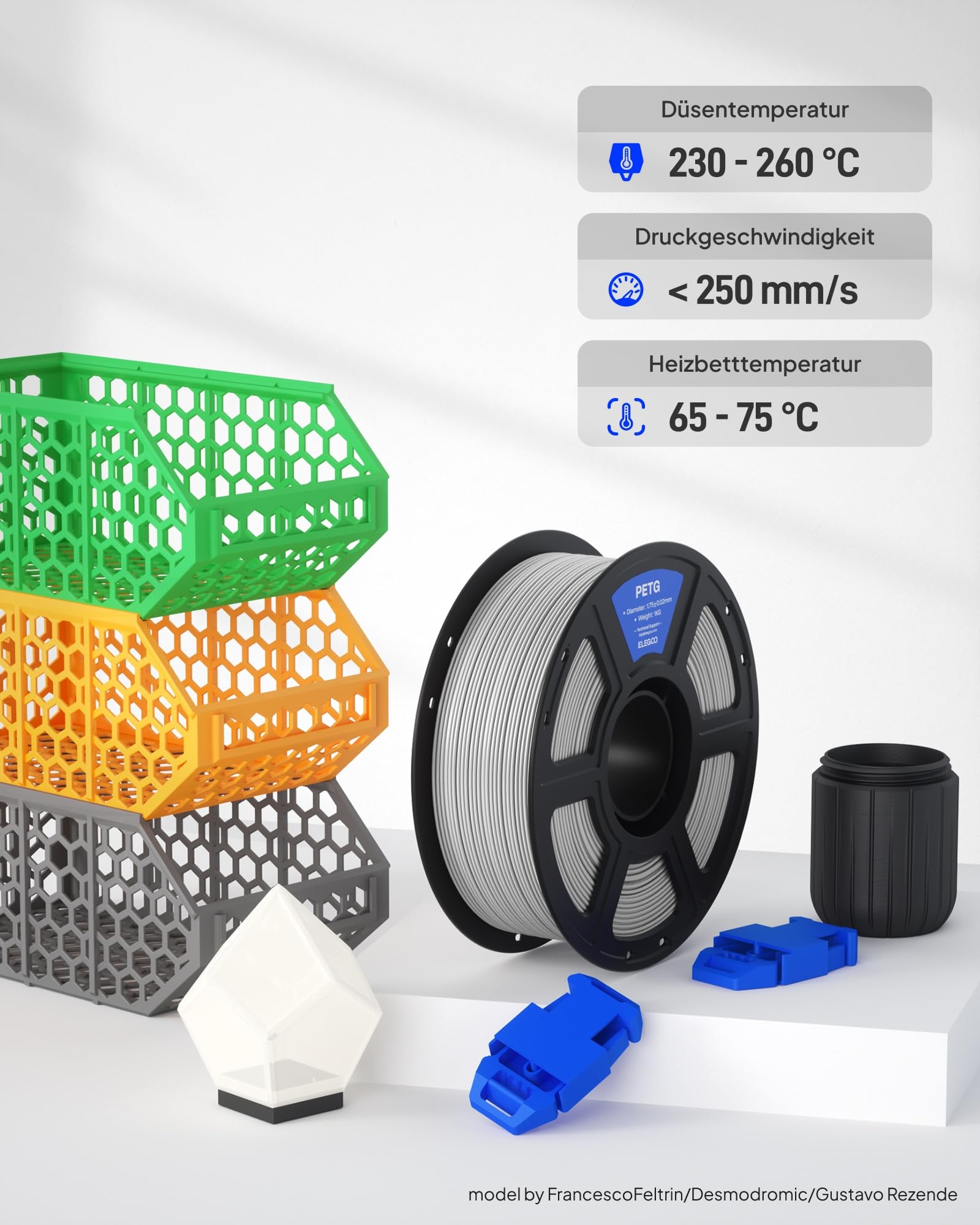 ELEGOO PETG Filament 1,75 mm Schwarz Weiß Rot Blau 4 KG, 3D-Drucker-Filament, Maßgenauigkeit +/- 0,02 mm