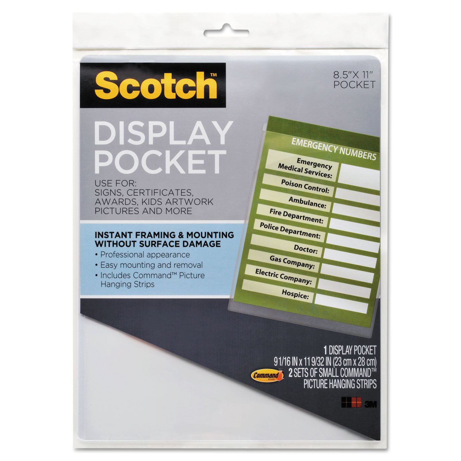 3M WL854C Scotch Display Pocket, Plastic, for 8-1/2 x 11 Insert, Clear, 1/Each