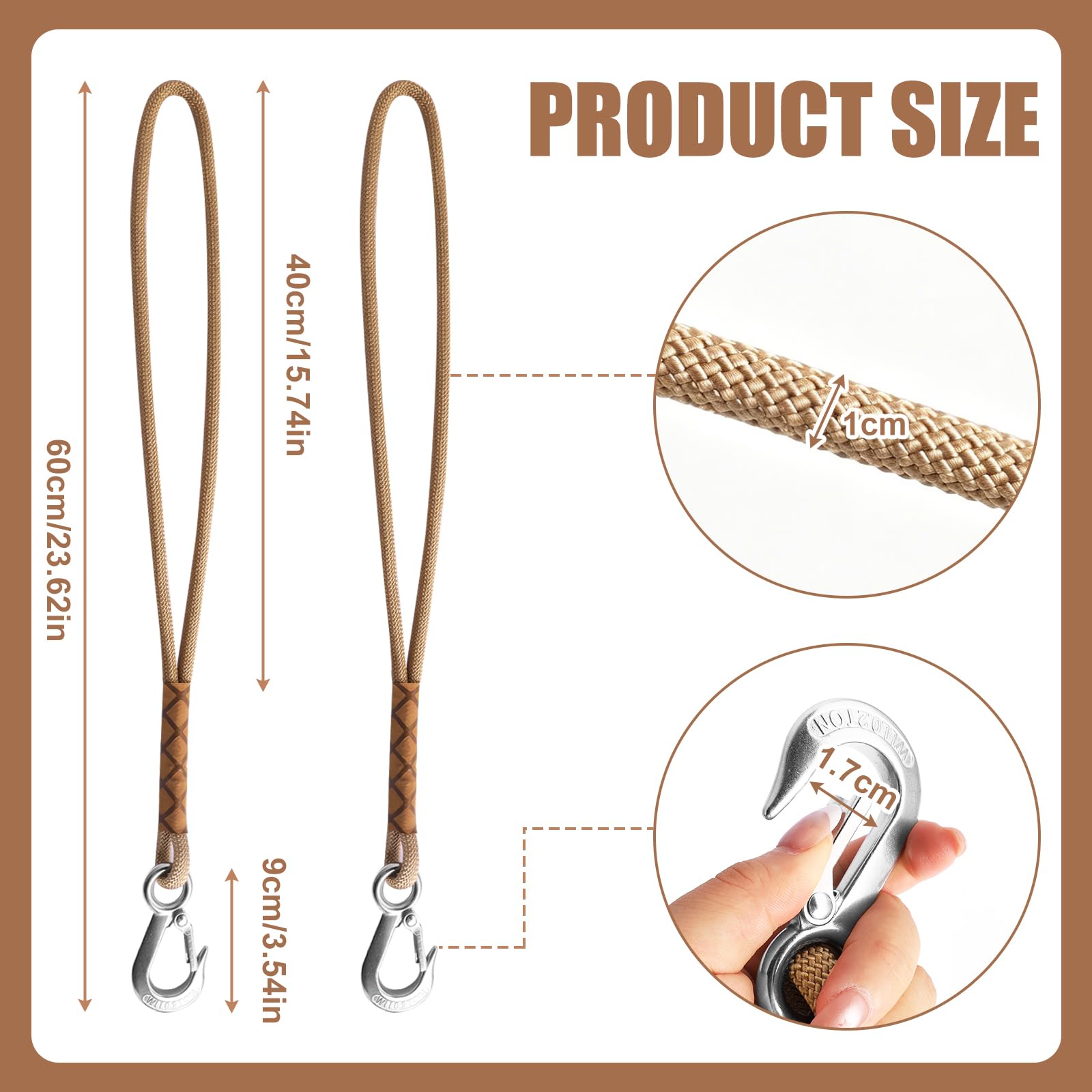 Lot de 2 fixations de balançoire pour arbre et poutres, 60 cm, corde de suspension avec mousqueton, charge jusqu'à 200 kg, idéal pour hamac, fauteuil suspendu et balançoire, pour l'intérieur
