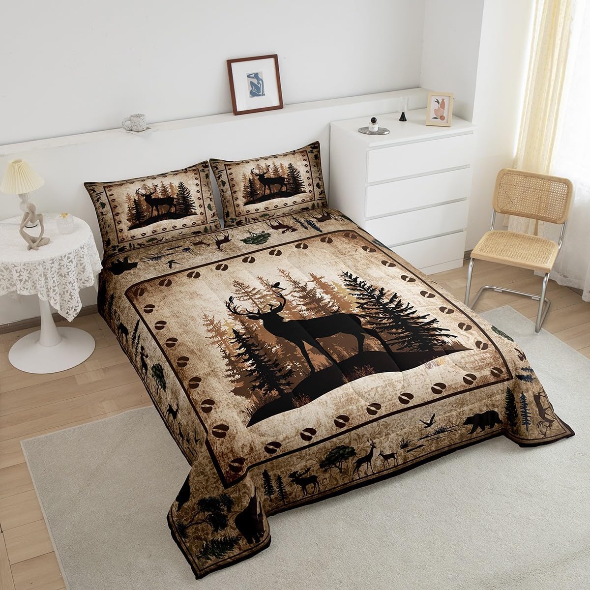 Feelyou Farmhouse Deer Comforter Set for Kids Boys Girls,Deer Hunting Comforter King Size Cute Deer Bedding Set Bedroom Decor,Western Wild Decor Duvet Set Tree Quilt Set 3Pcs
