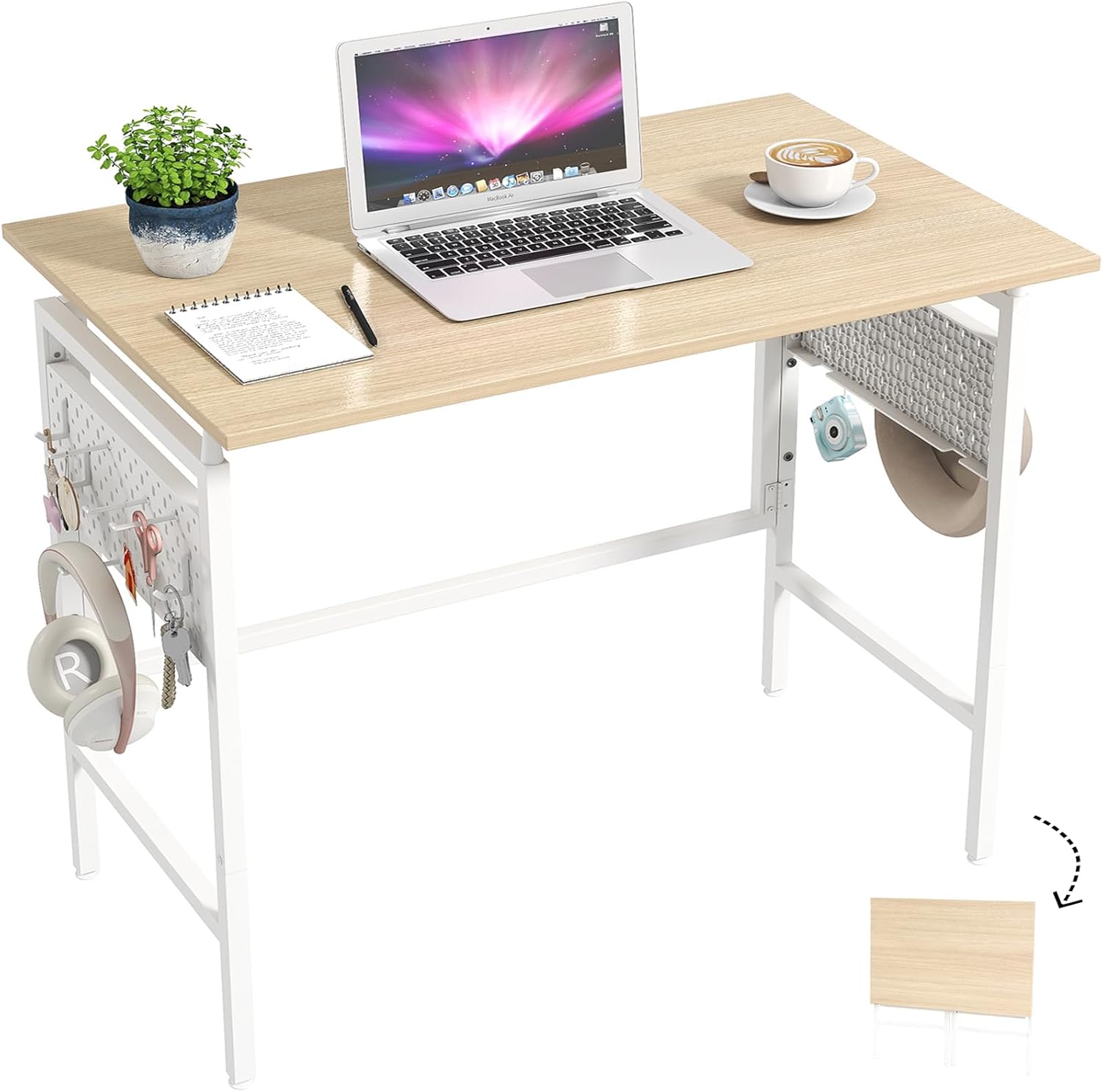 Hadulcet 31'' Foldable Desk, Small Desk with 2 Adjustable Pegboards, Computer Desk for Bedroom or Apartment, Portable Folding Desk for Home Office Work & RV, Folding Desks for Small Spaces, Oak