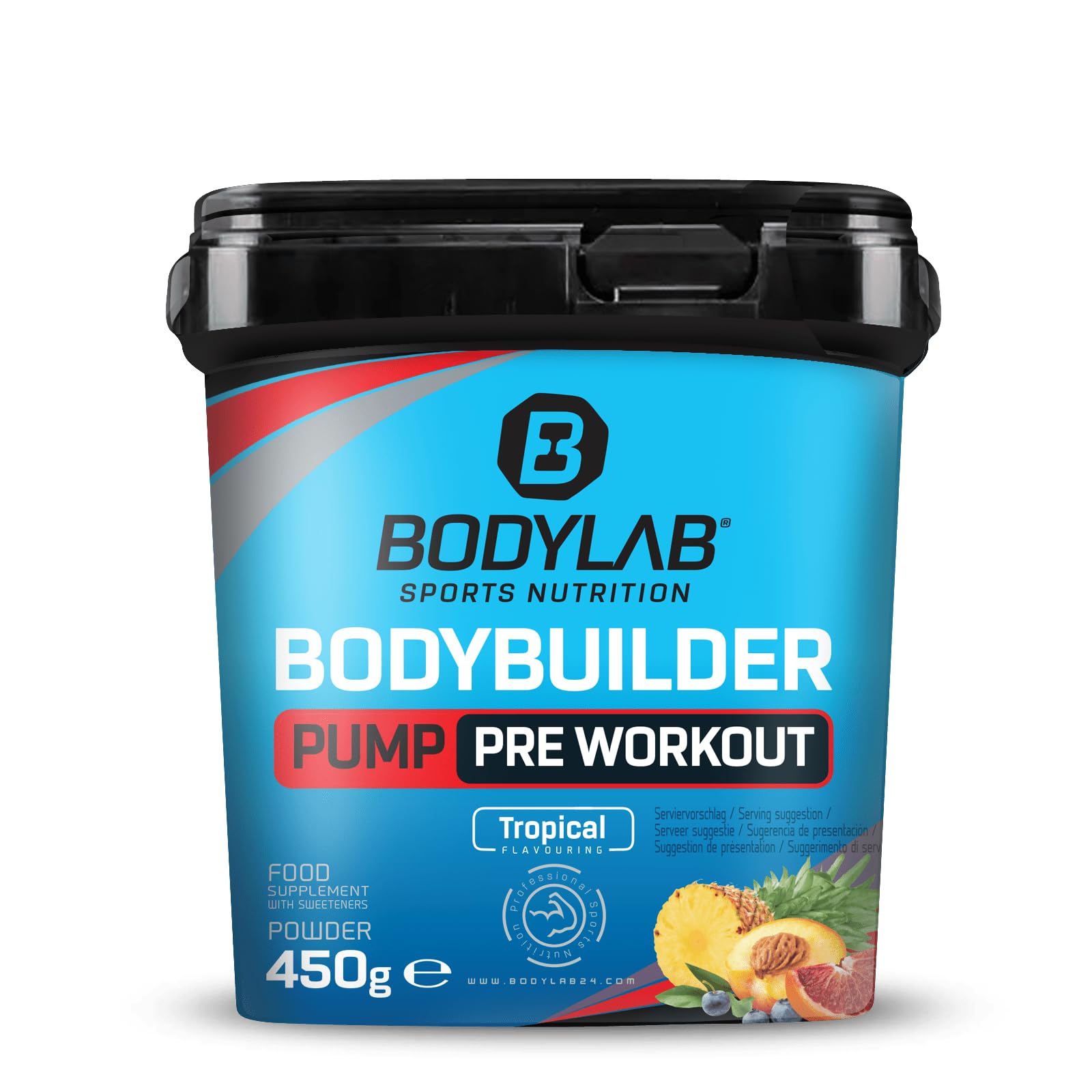Bodylab24 Bodybuilder Pump Pre Workout Tropical 450g, mit L-Citrullin, L-Arginin, Vitaminen, Mineralstoffen, Glycerin, Dextrin und verschiedenen Pflanzenextrakten, lecker und fruchtig im Geschmack