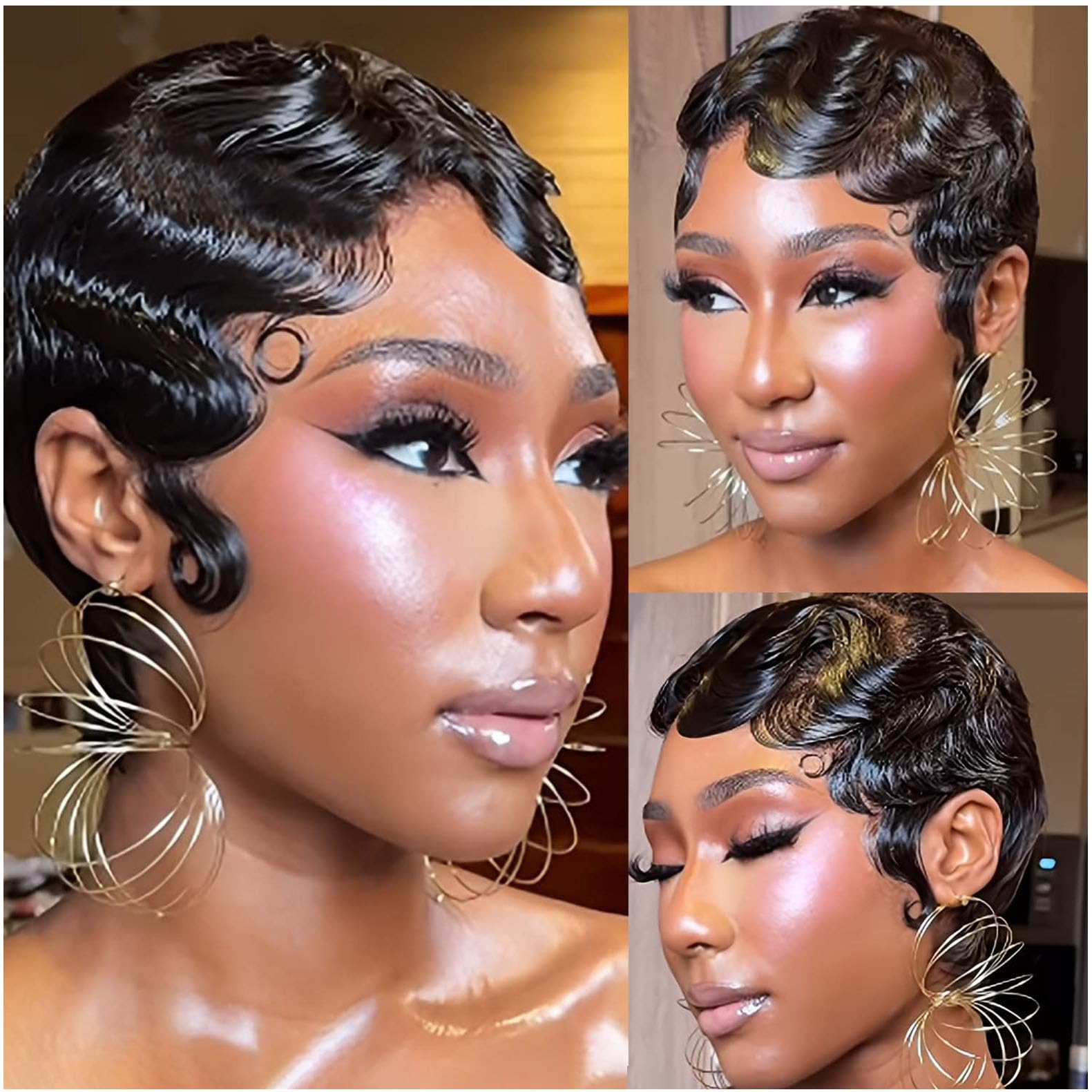 Short Curly Pixie Cut Wig Human Hair Lightweight Glueless Finger Wave Style Amazon.com : Short Curly Pixie Cut Wigs for Black Women 100  main image 2