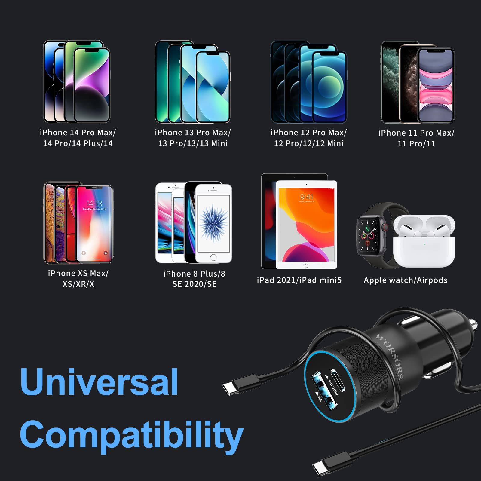 MFi - Cargador rápido de coche USB C de 35 W con cable Lightning tipo C de