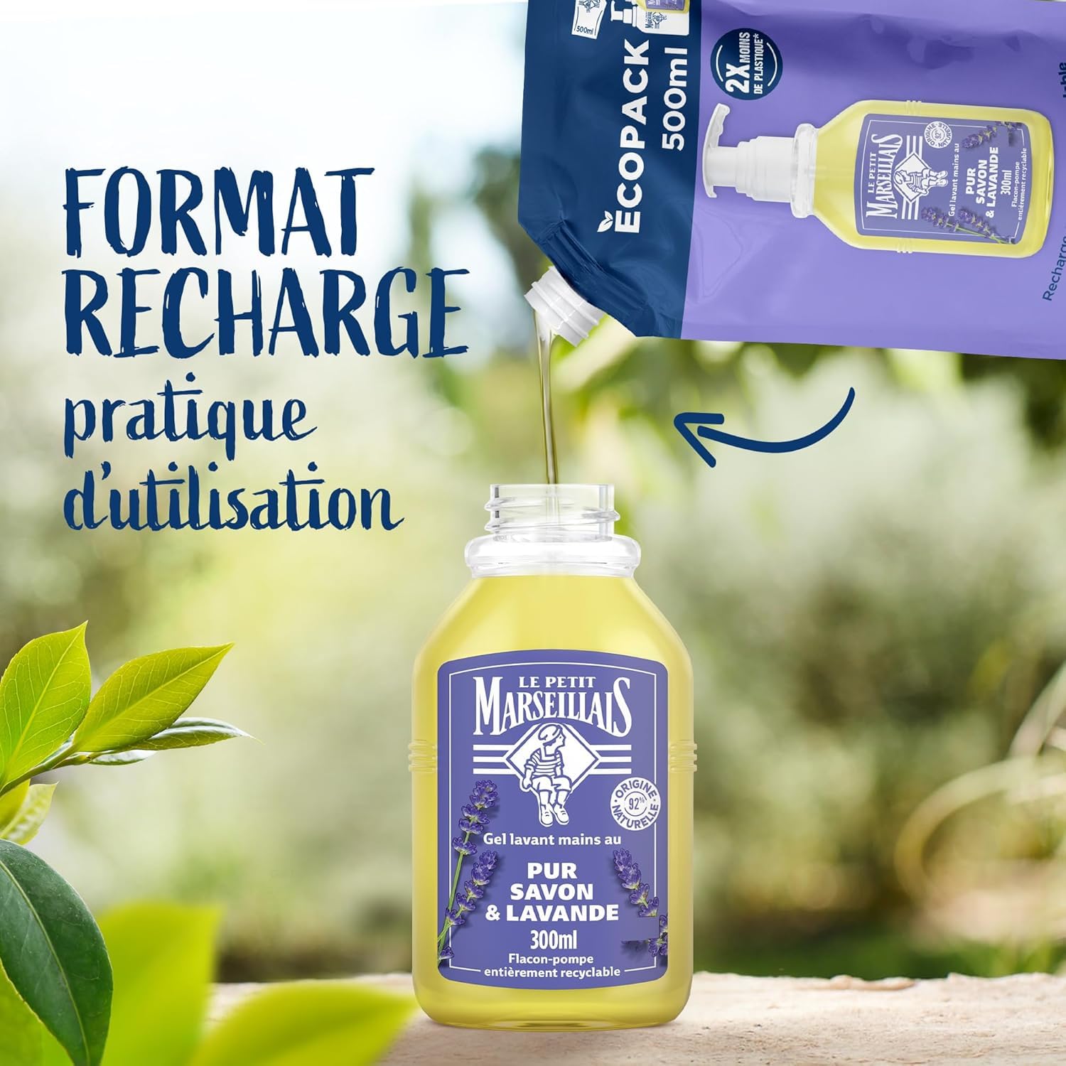Le Petit Marseillais – Recharge Gel Lavant Mains Pur Savon & Lavande (écopack de 500 ml) – Recharge savon liquide pour flacon-pompe – Savon mains à l’huile essentielle de lavande