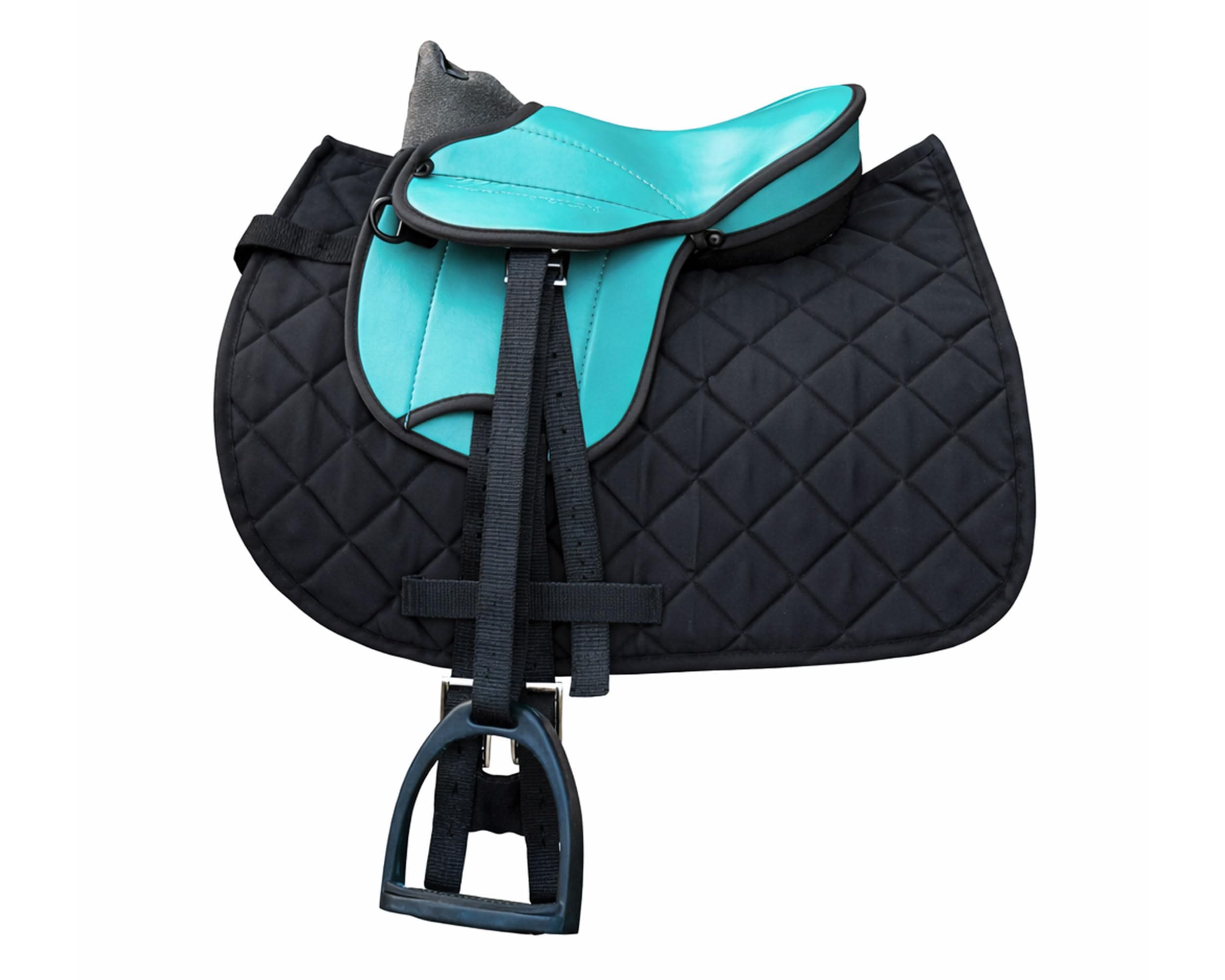 Brama West Holzpferd Sattel Set „My Happy Pony“ | Sattel für Shetty Pony Holzpferd | mit Satteldecke, Sattelgurt, Steigbügel & Steigbügelriemen (Sattel Türkis; Decke Schwarz)