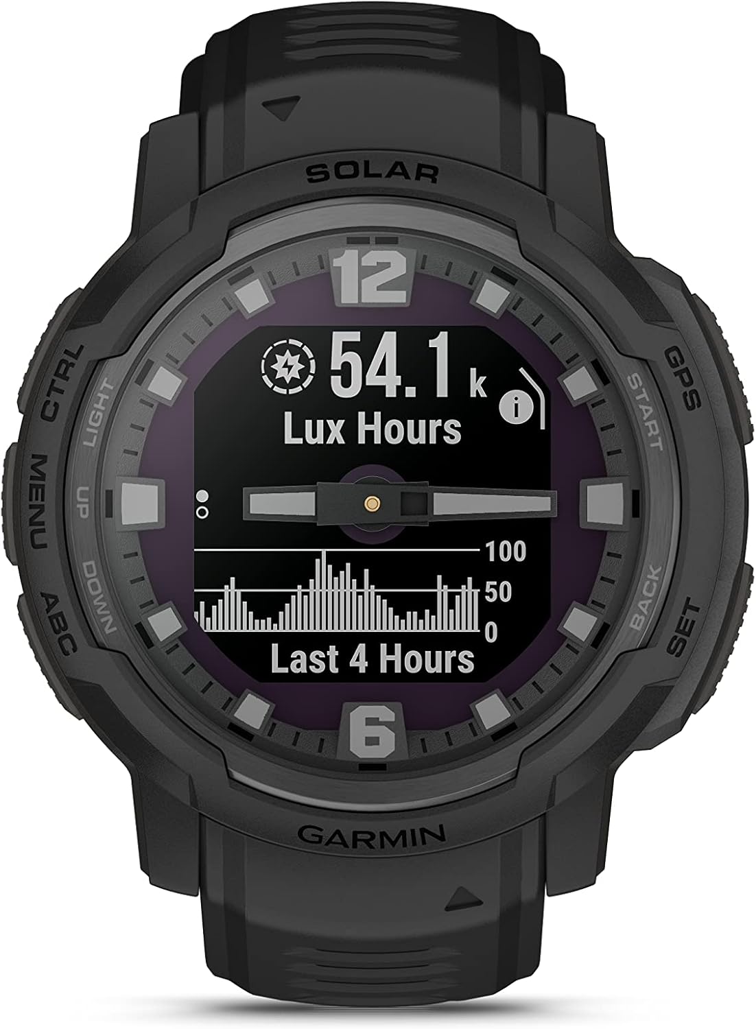 Close-up of the Garmin Instinct Crossover Solar Tactical Edition watch face showing '54.1k Lux Hours' and a graph of solar intensity over the last 4 hours