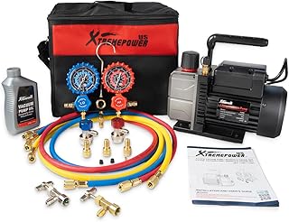 XtremepowerUS 4.5 CFM Vacuum Pump R134a R22 R32 R410A HVAC Air Conditioning Refrigeration Recharging A/C Refrigeration Manifold Gauge Can Tap Carrying Bag