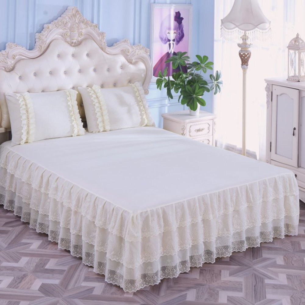 Jupe de lit en dentelle chic et mousseline beige 180x200