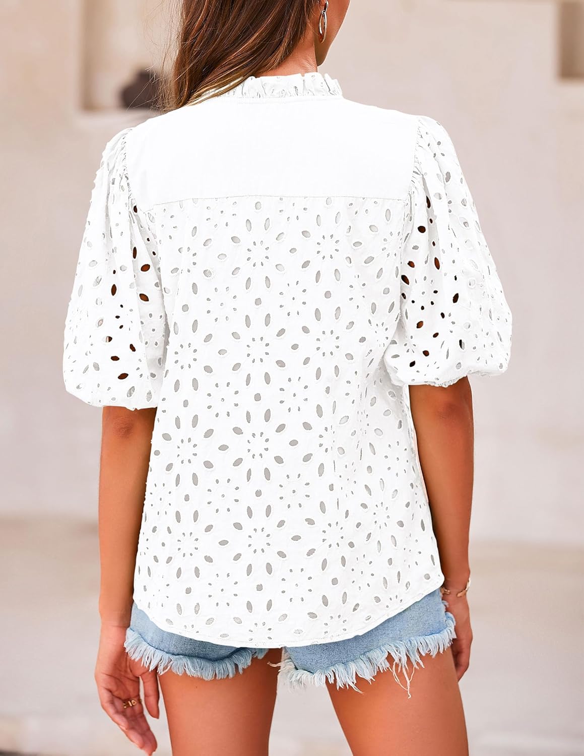 Summer Women's Tops 2025 Dressy Casual Cute Short Sleeve V Neck Buttons Hollow Out Lace Embroidered Blouses Shirts - Image 4