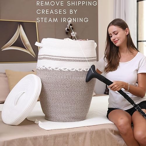 Miniatura 5 de Cesta de almacenamiento extra grande de 26 x 20 pulgadas de alto con tapa, cestas de almacenamiento de cuerda de algodón, cesta de lavandería tejida
