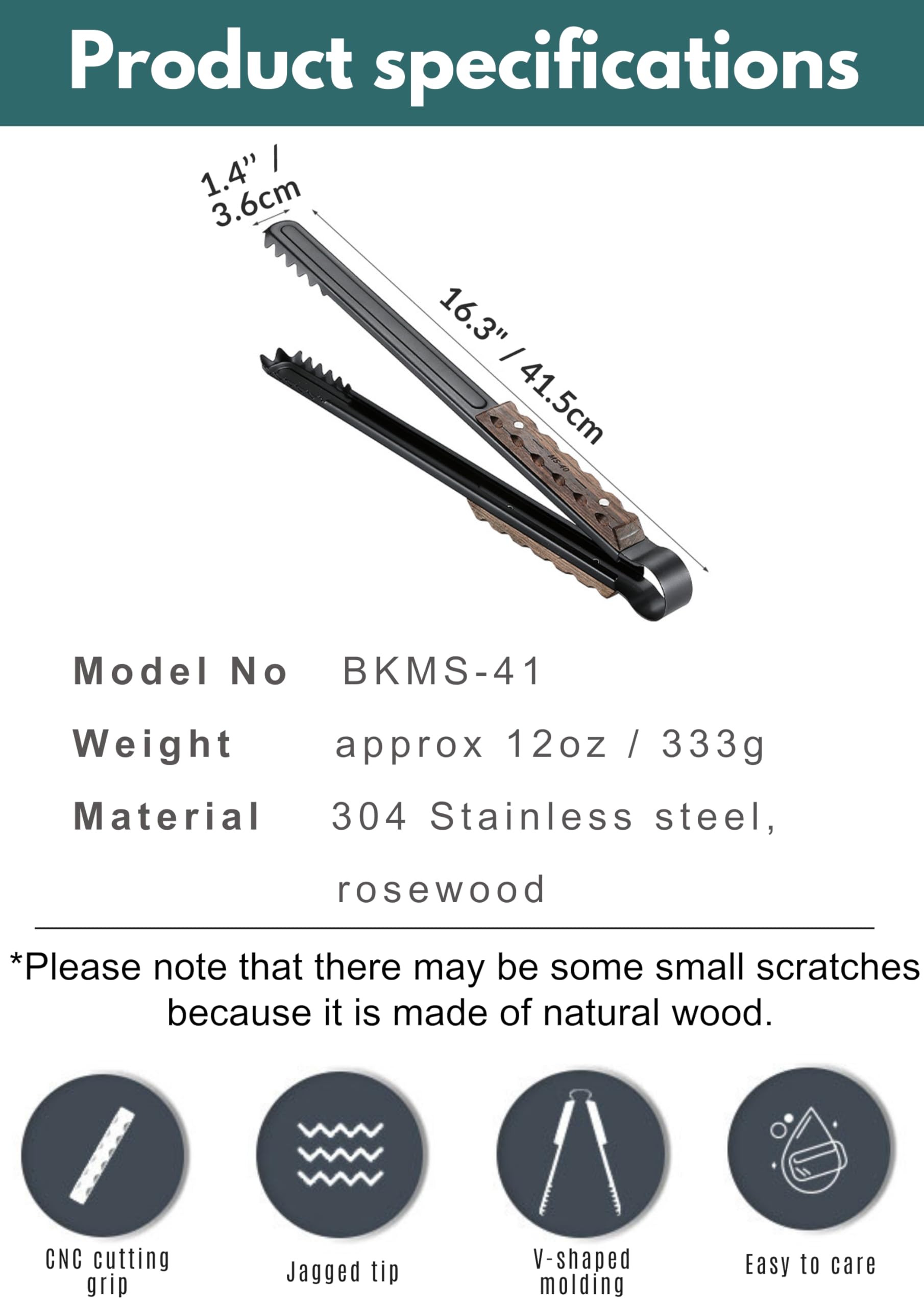 CAMPINGMOON BKMS-41 szczypce do drewna kominkowego o długości 40 cm, z ząbkowanymi nożyczkami, do ogniska, ogniska, paleniska, z drewnianą ręką, 40 cm